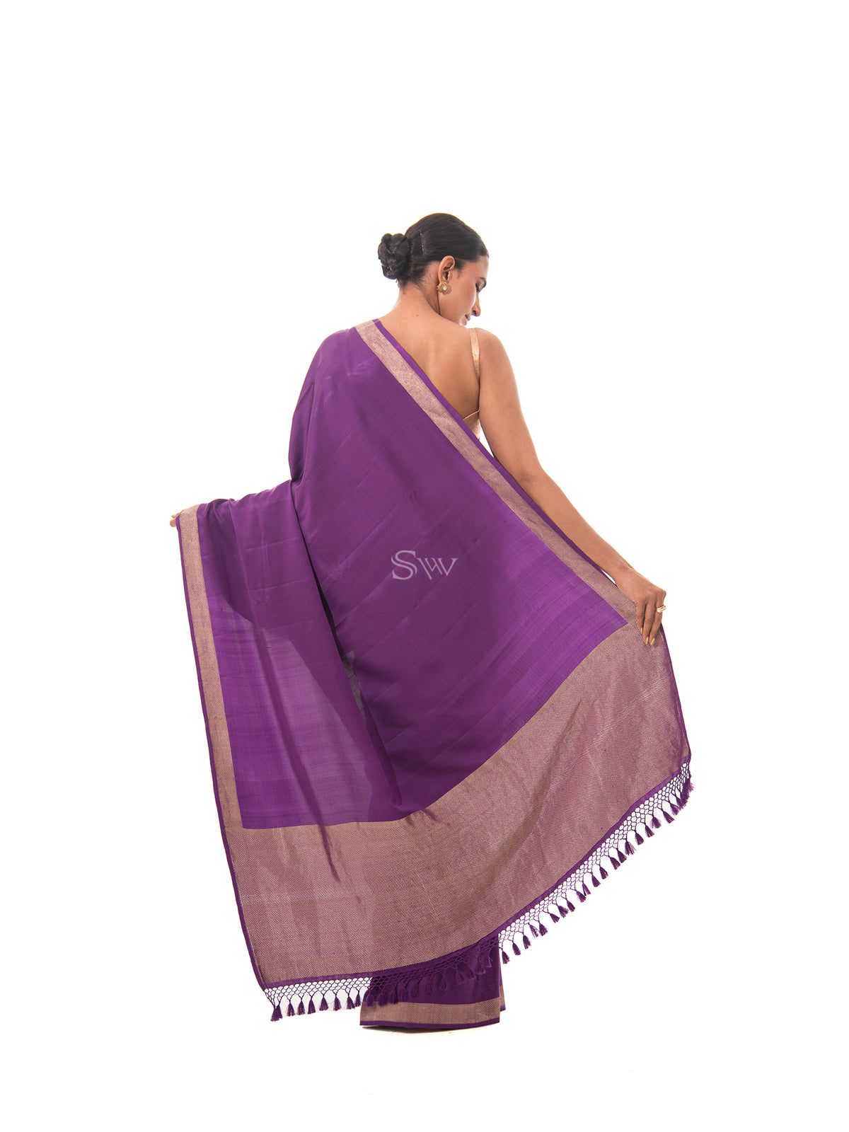 Purple Plain Satin Silk Handloom Banarasi Saree