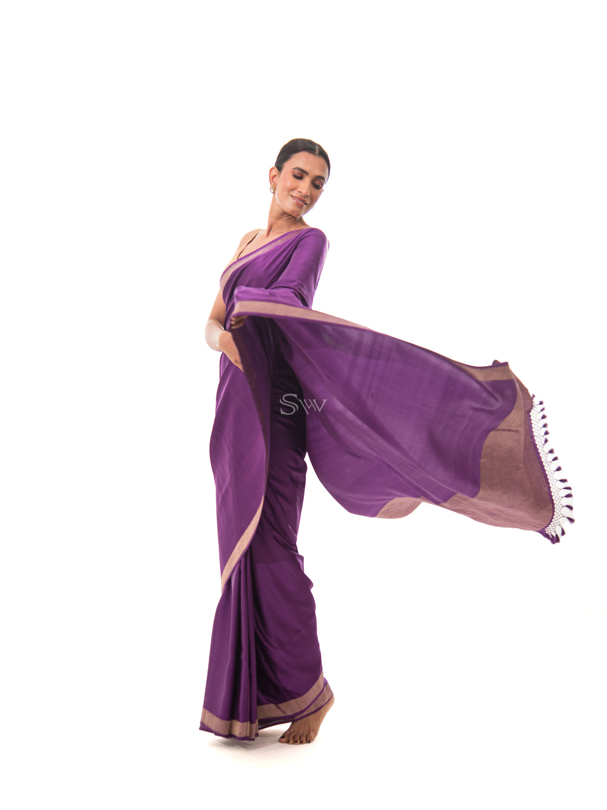 Purple Plain Satin Silk Handloom Banarasi Saree - Sacred Weaves