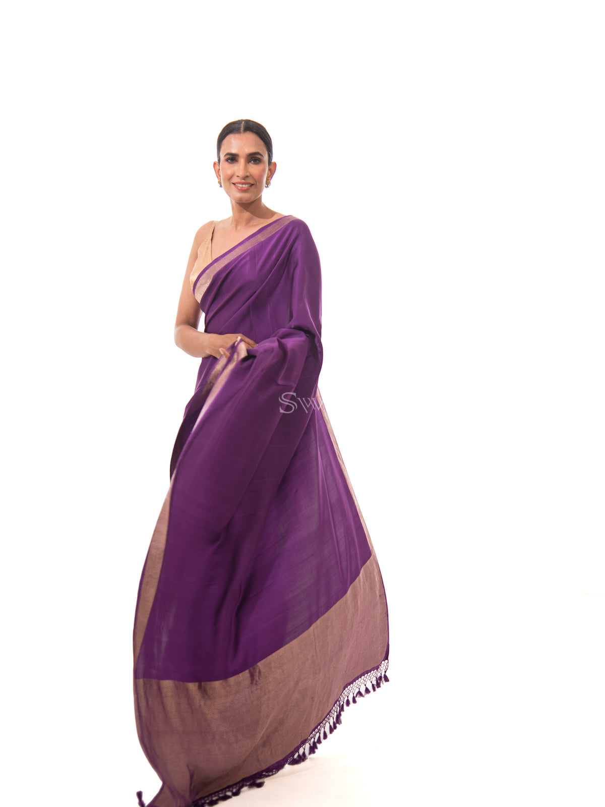 Purple Plain Satin Silk Handloom Banarasi Saree - Sacred Weaves