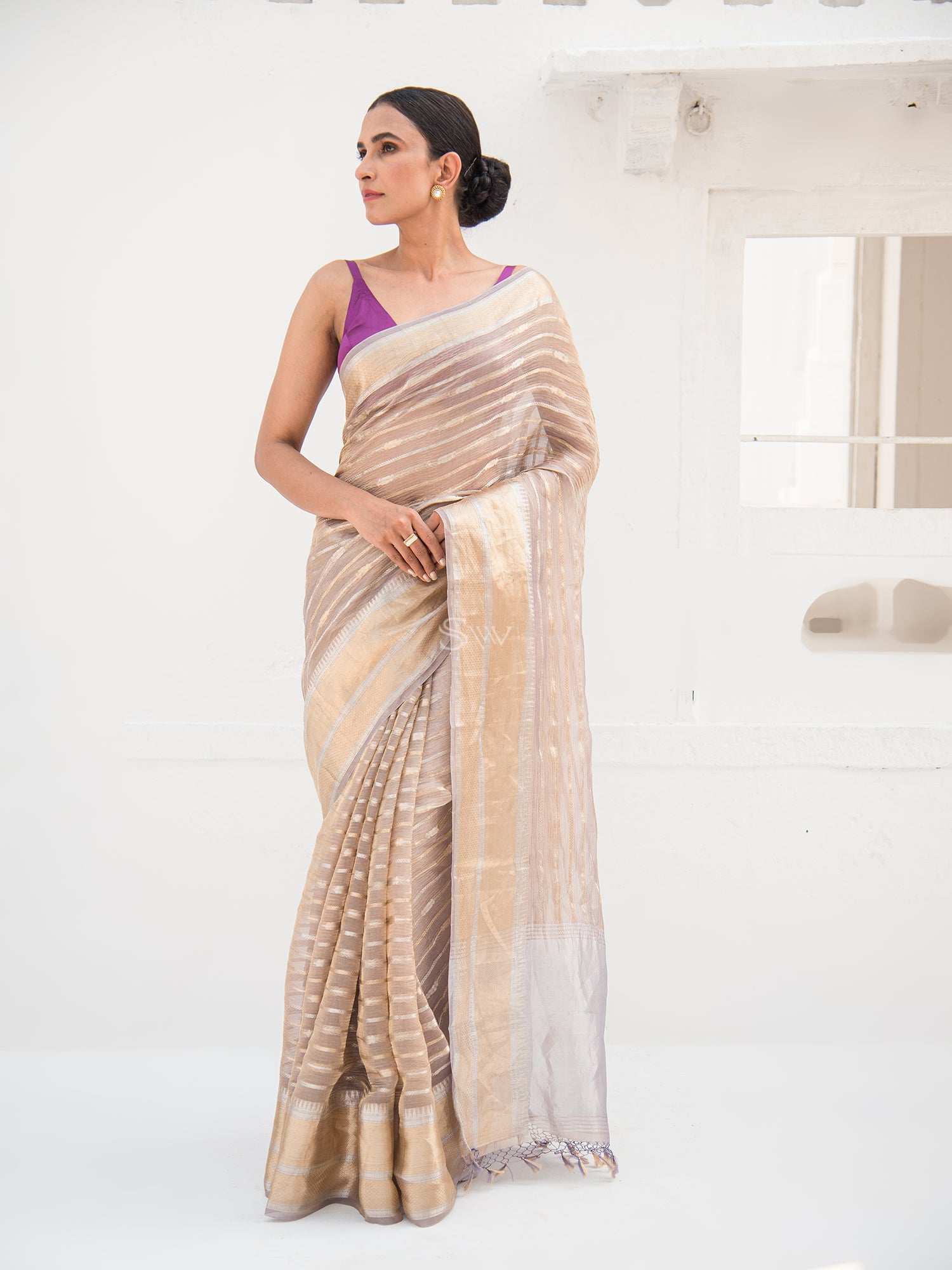 Grey Tissue Handloom Banarasi Saree - Sacred Weaves