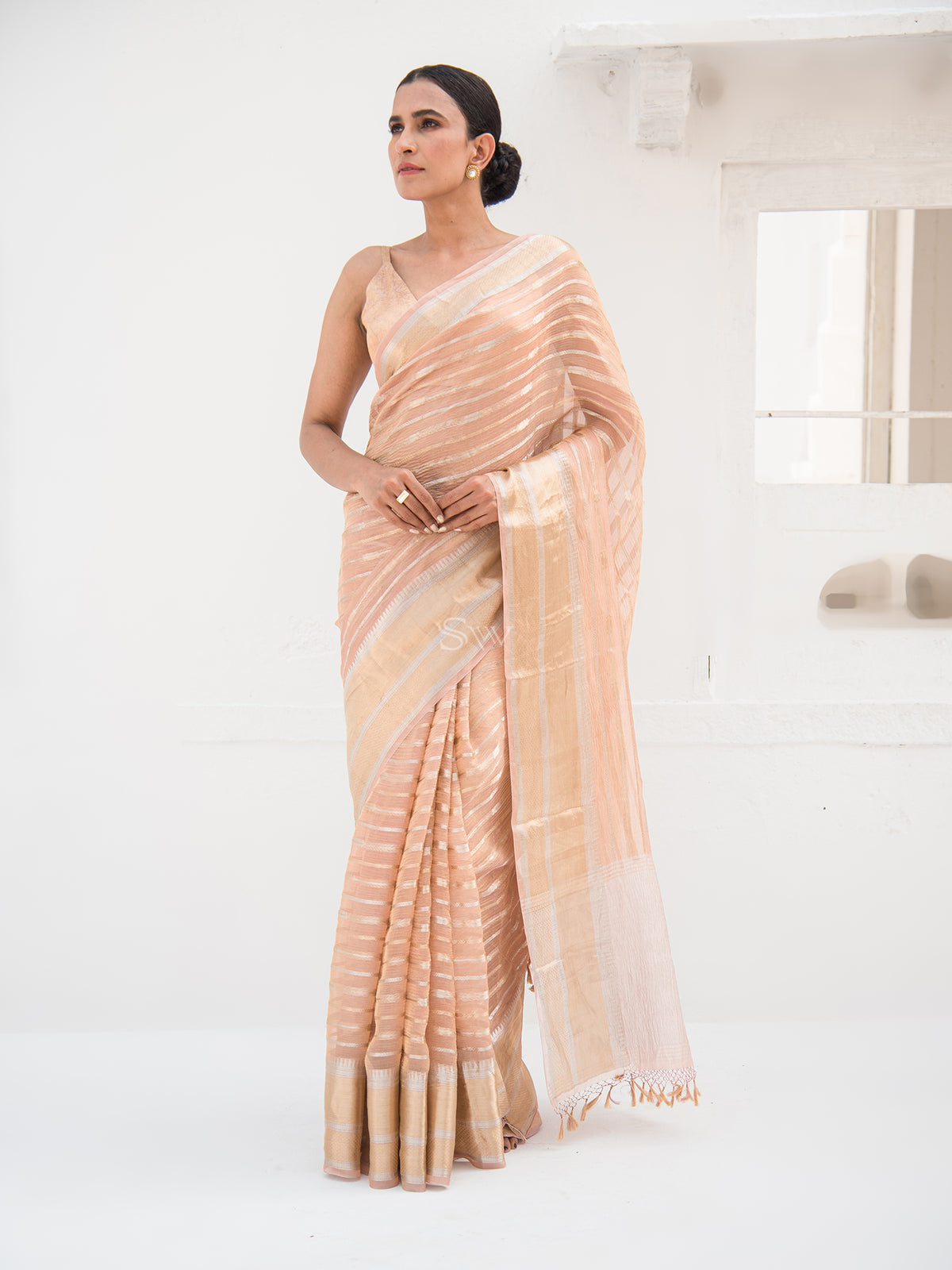 Pastel Peach Crush Tissue Handloom Banarasi Saree