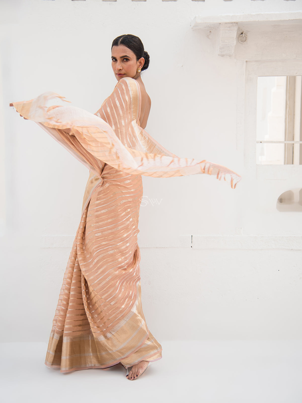 Pastel Peach Crush Tissue Handloom Banarasi Saree