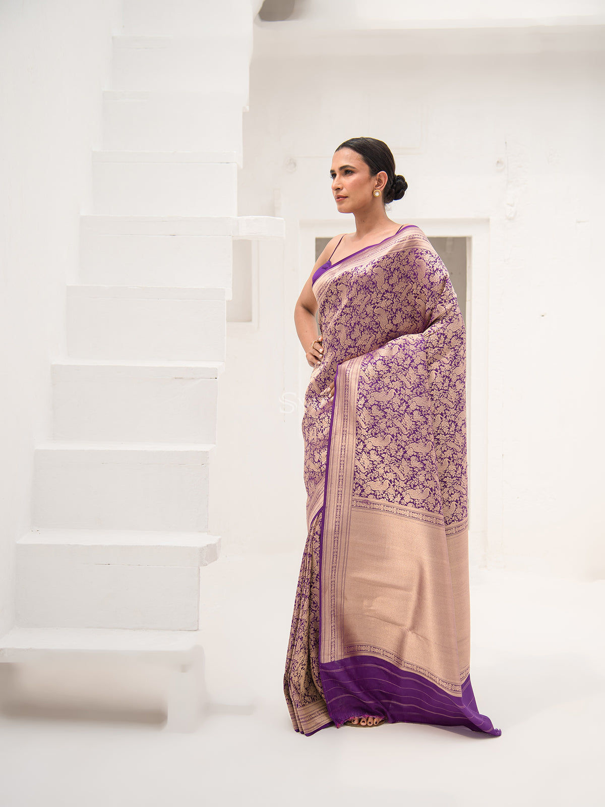 Dark Violet Shikargah Brocade Handloom Banarasi Saree - Sacred Weaves