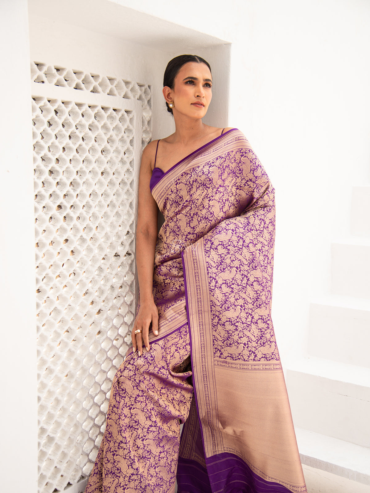 Dark Violet Shikargah Brocade Handloom Banarasi Saree - Sacred Weaves