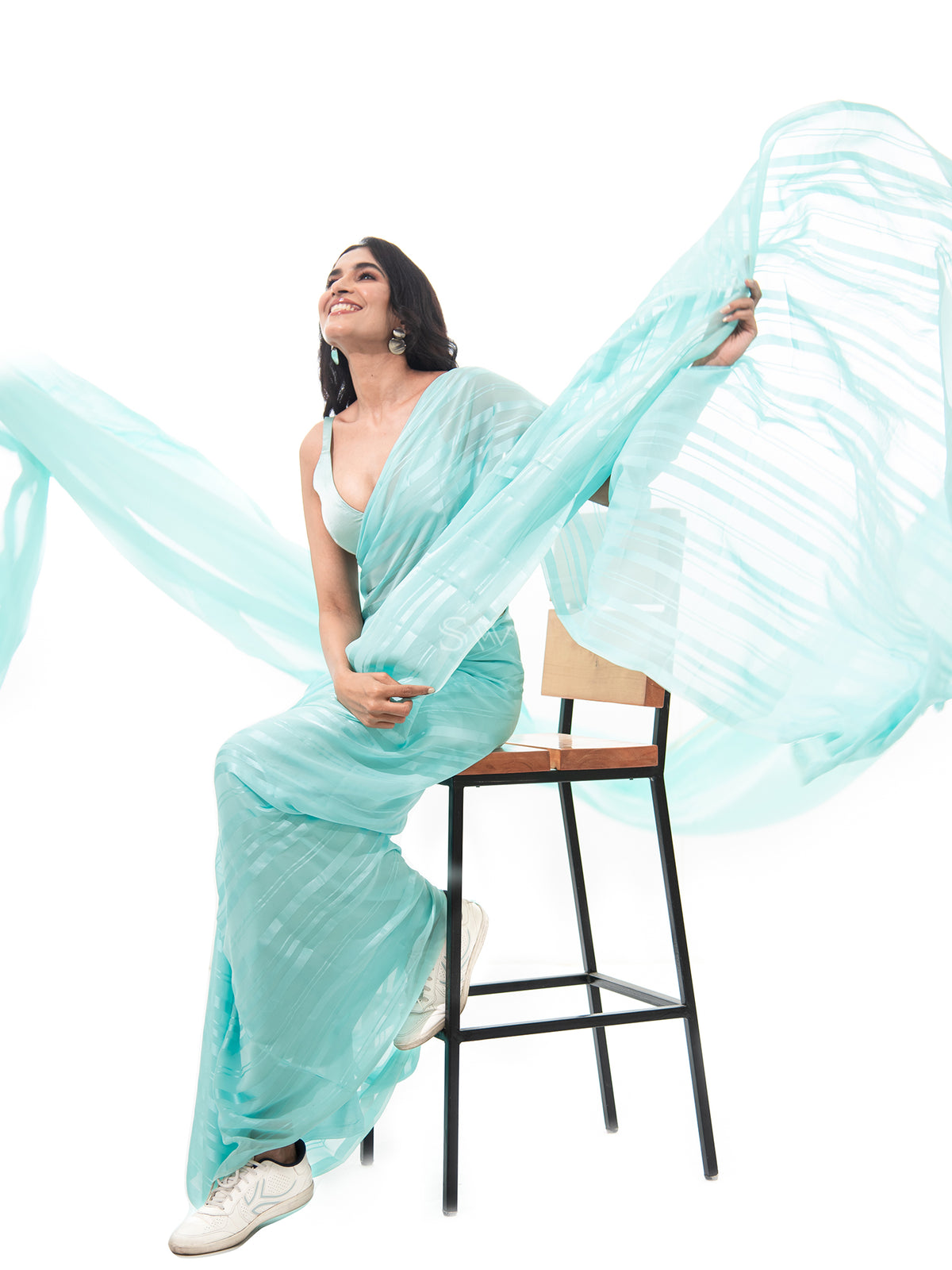 Pastel Aqua Blue Stripe Satin Georgette Handloom Saree - Sacred Weaves