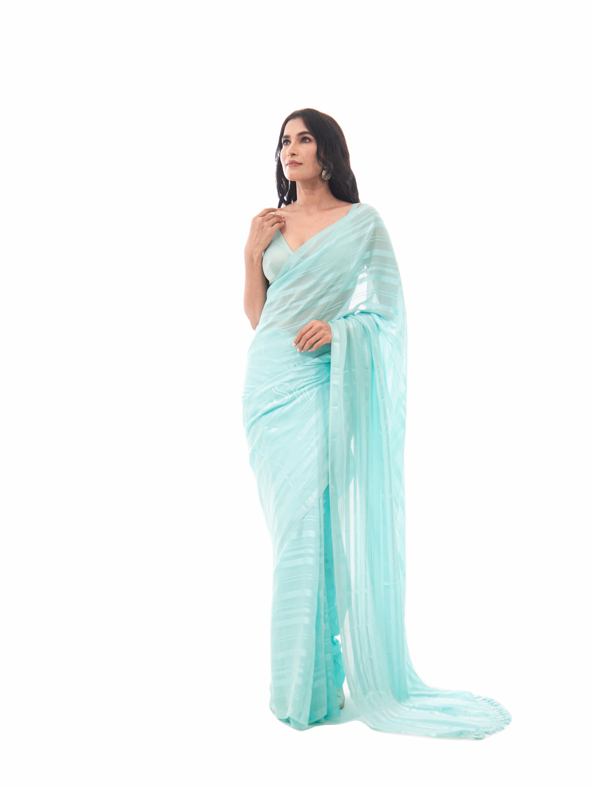 Pastel Aqua Blue Stripe Satin Georgette Handloom Saree - Sacred Weaves