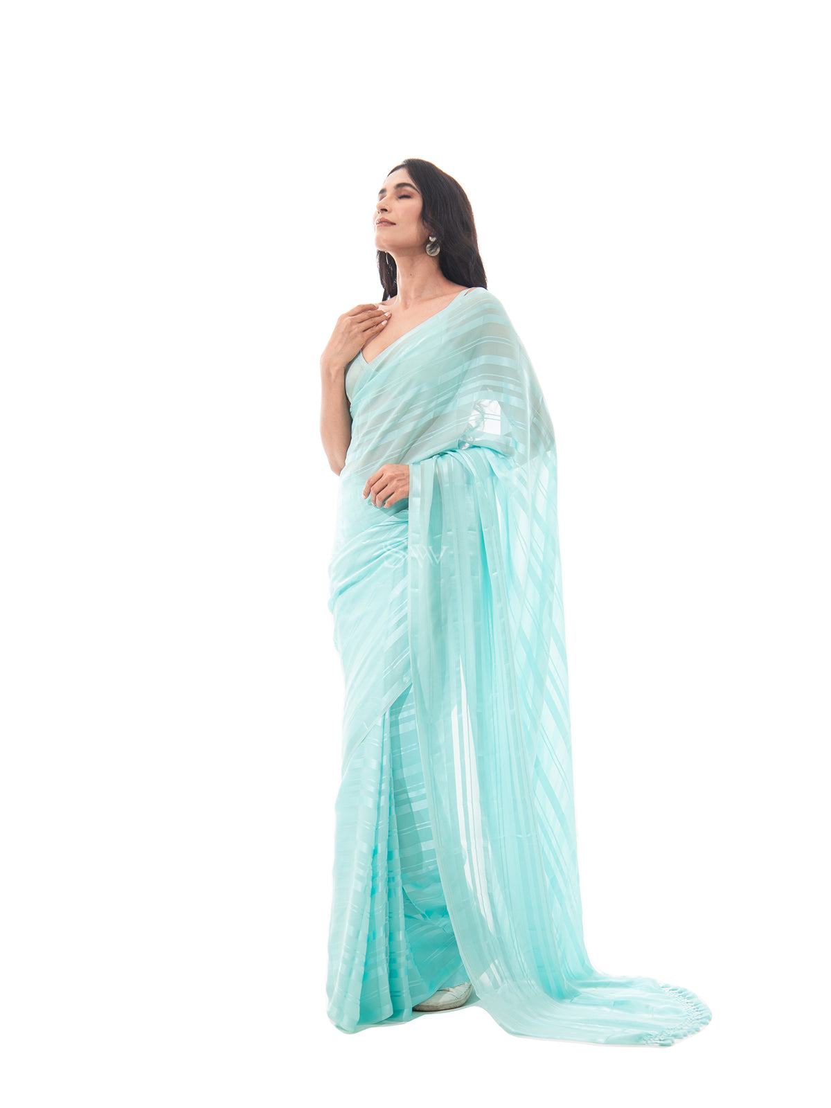 Pastel Aqua Blue Stripe Satin Georgette Handloom Saree - Sacred Weaves