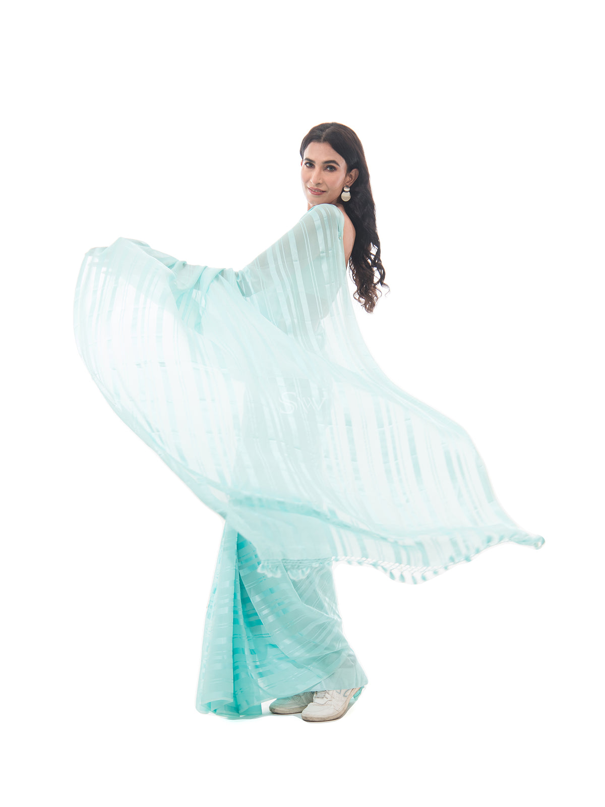 Pastel Aqua Blue Stripe Satin Georgette Handloom Saree - Sacred Weaves