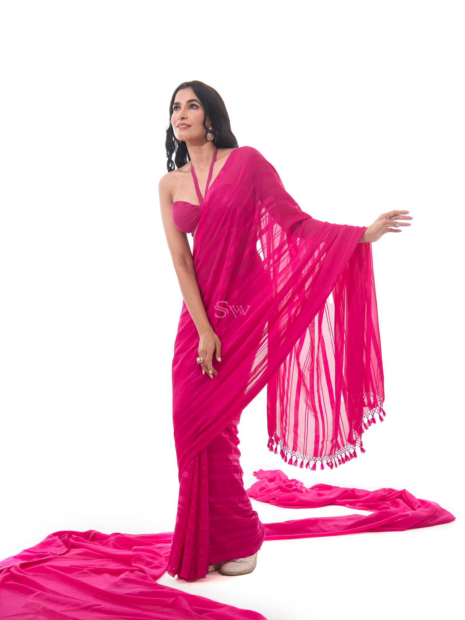 Dark Pink Stripe Satin Georgette Handloom Saree - Sacred Weaves