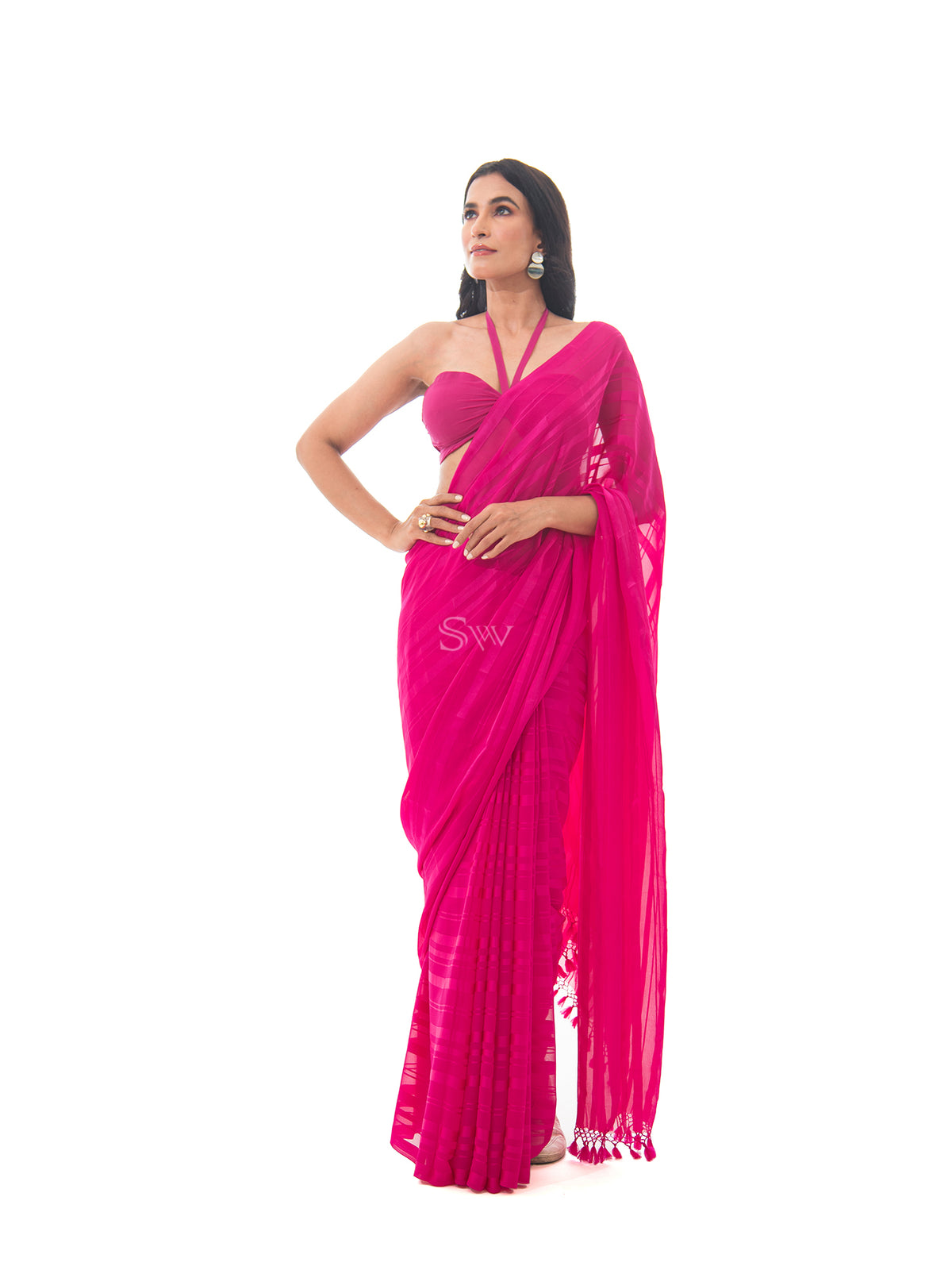 Dark Pink Stripe Satin Georgette Handloom Saree - Sacred Weaves