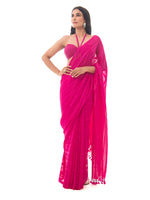 Dark Pink Stripe Satin Georgette Handloom Saree - Sacred Weaves