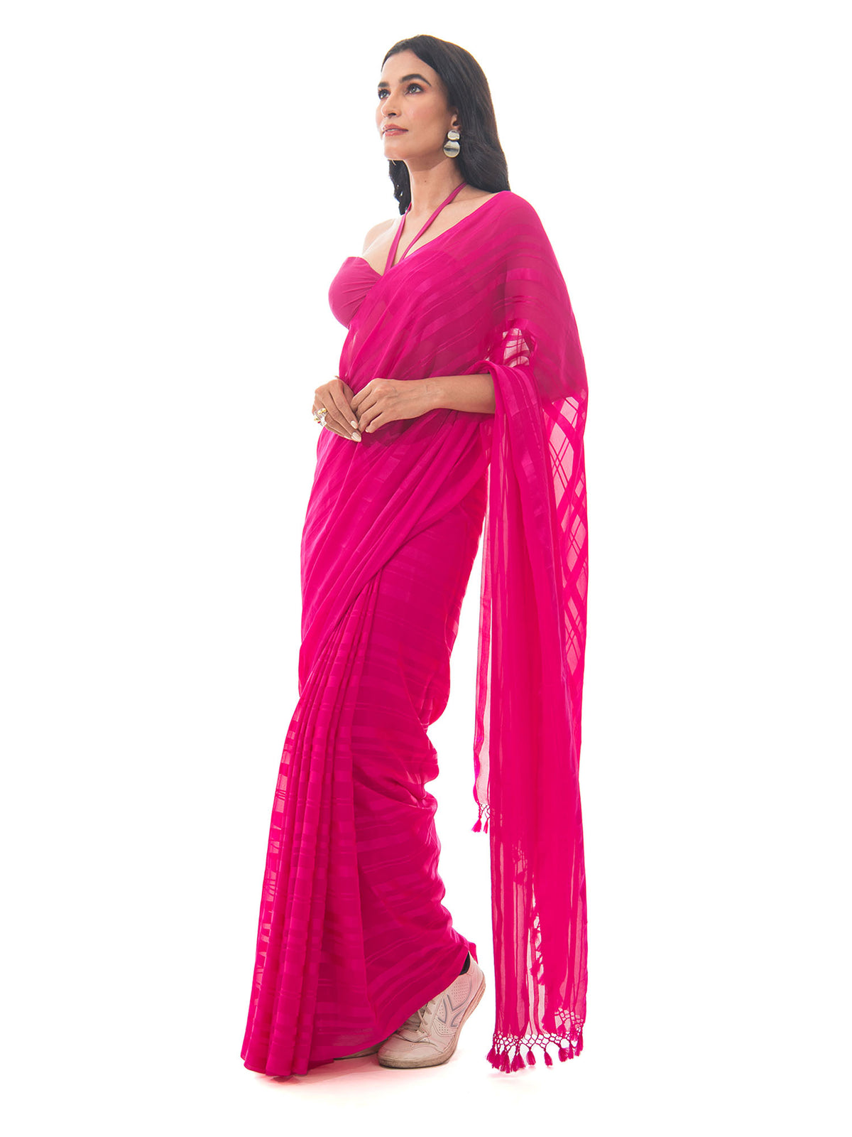 Dark Pink Stripe Satin Georgette Handloom Saree - Sacred Weaves