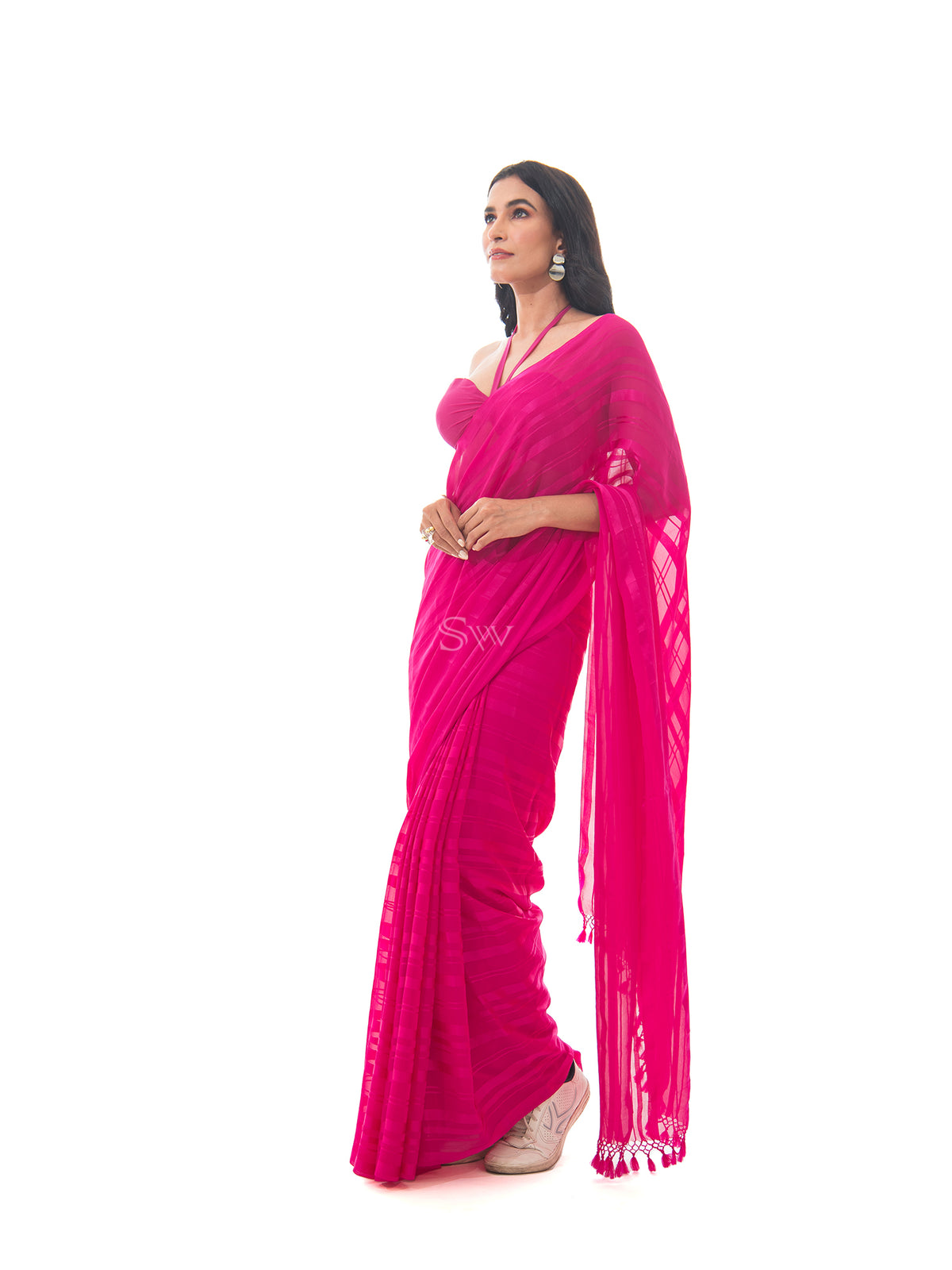 Dark Pink Stripe Satin Georgette Handloom Saree - Sacred Weaves