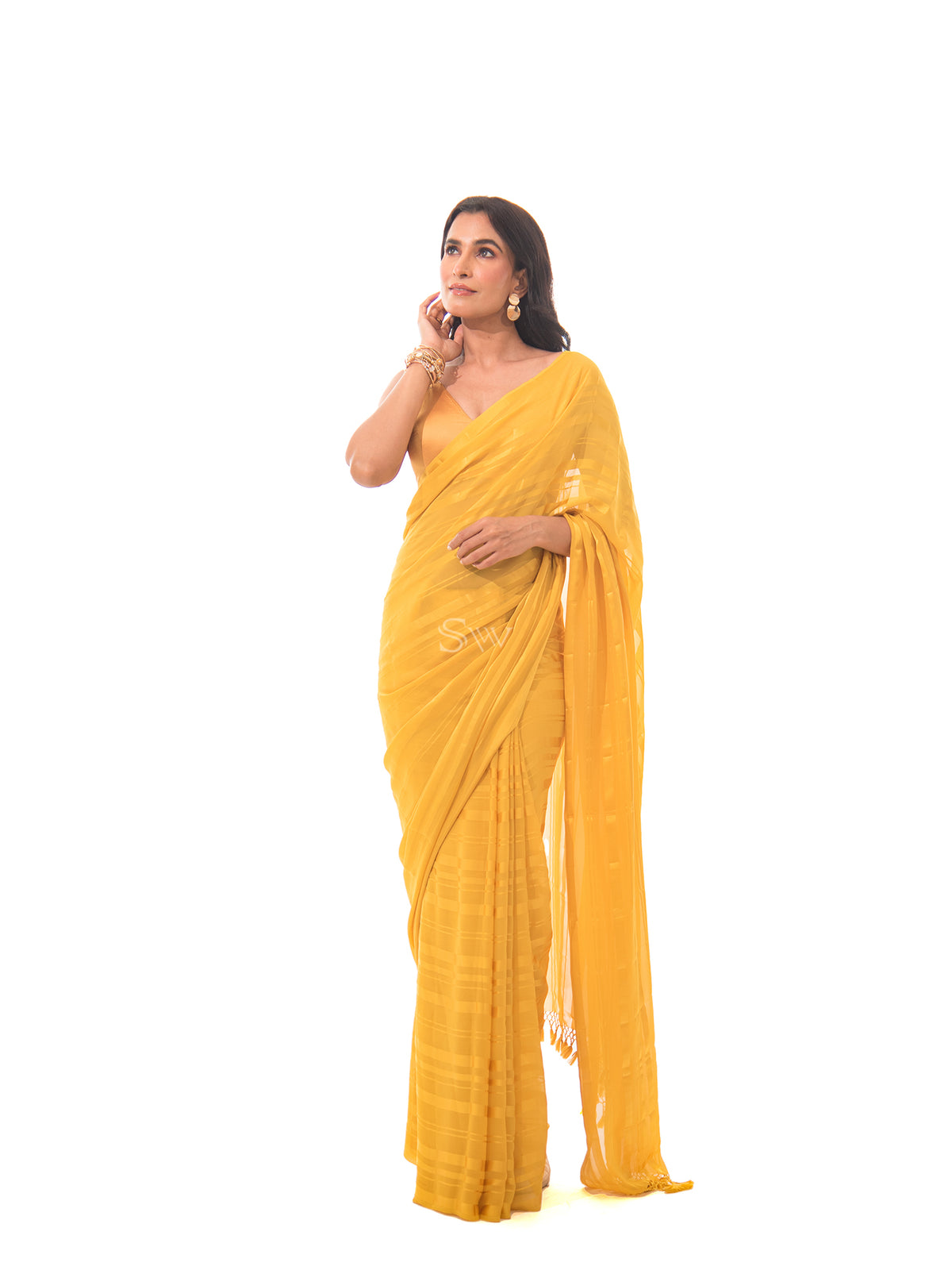 Mustard Stripe Satin Georgette Handloom Saree - Sacred Weaves