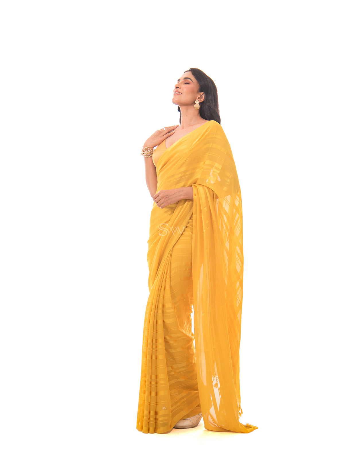 Mustard Stripe Satin Georgette Handloom Saree - Sacred Weaves