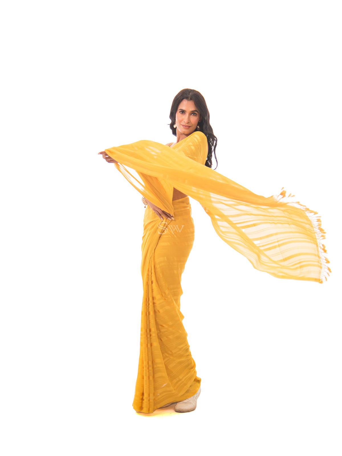 Mustard Stripe Satin Georgette Handloom Saree - Sacred Weaves