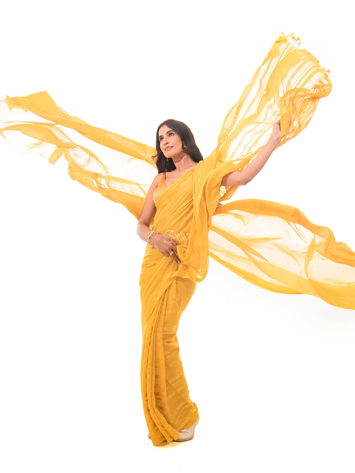 Mustard Stripe Satin Georgette Handloom Saree - Sacred Weaves