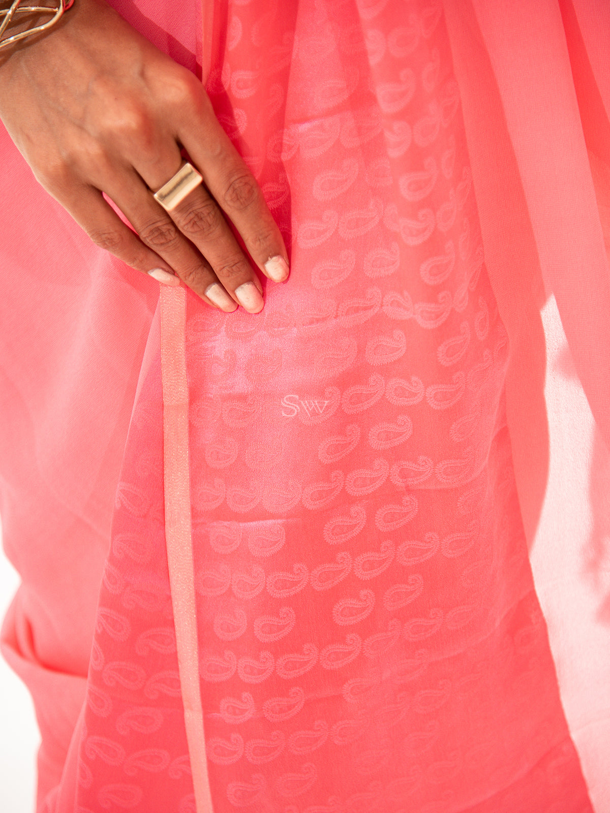 Coral Pink Plain Satin Georgette Handloom Saree - Sacred Weaves