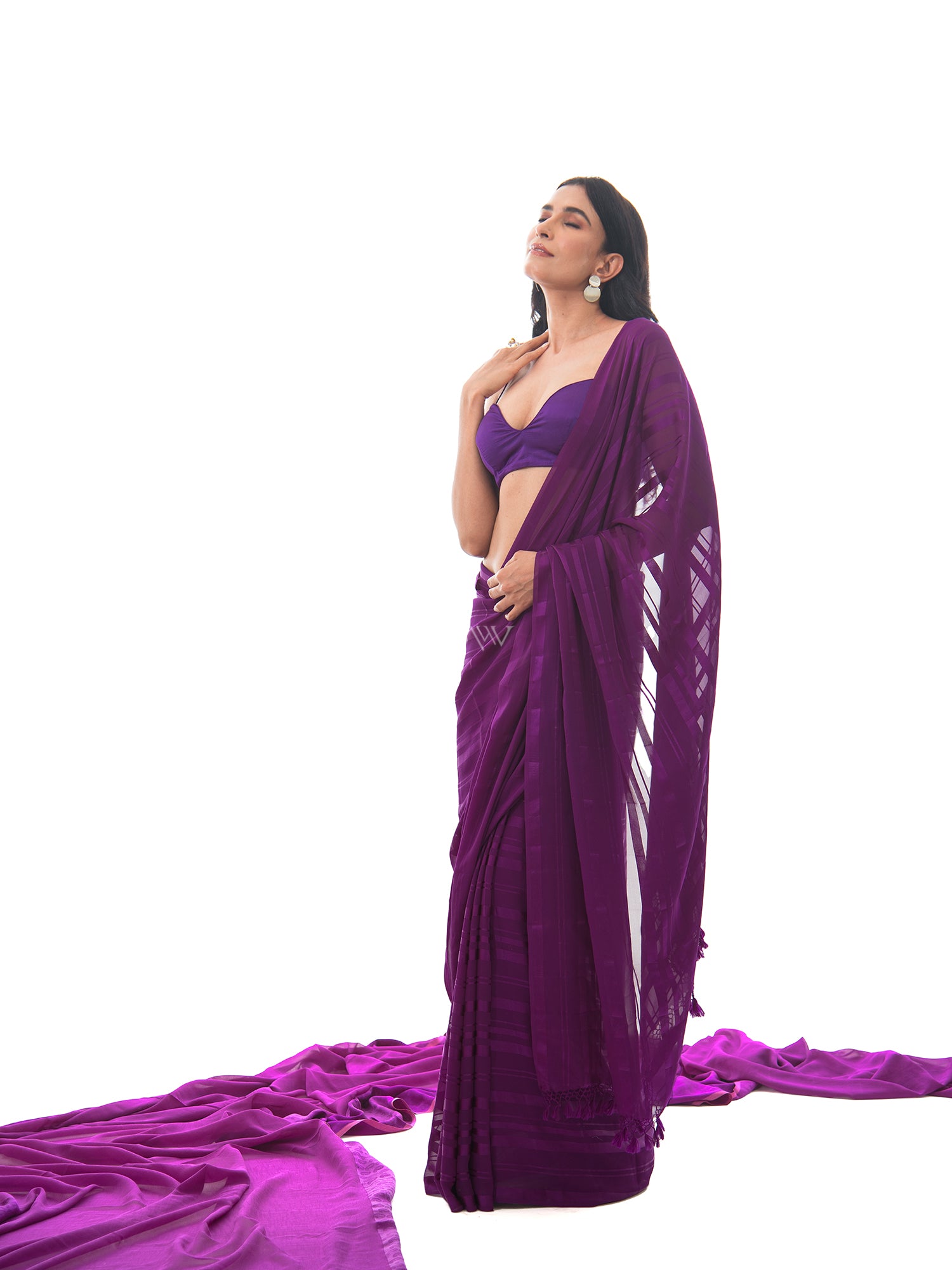Dark Purple Stripe Satin Georgette Handloom Saree - Sacred Weaves