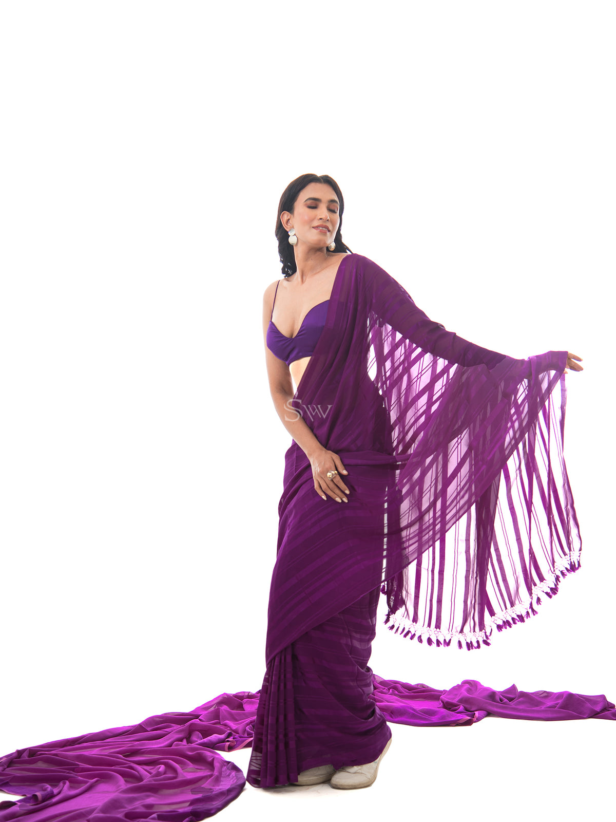 Dark Purple Stripe Satin Georgette Handloom Saree - Sacred Weaves