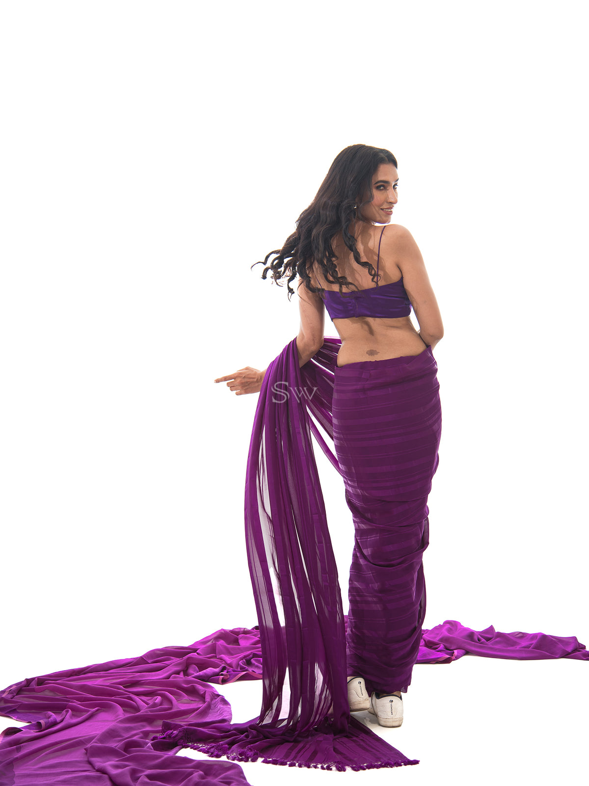 Dark Purple Stripe Satin Georgette Handloom Saree - Sacred Weaves