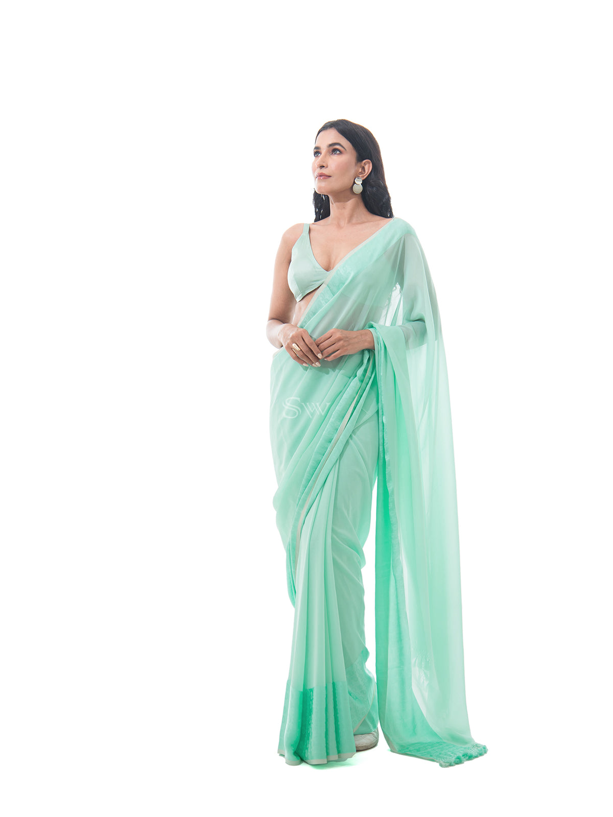 Sea Green Plain Satin Georgette Handloom Saree - Sacred Weaves