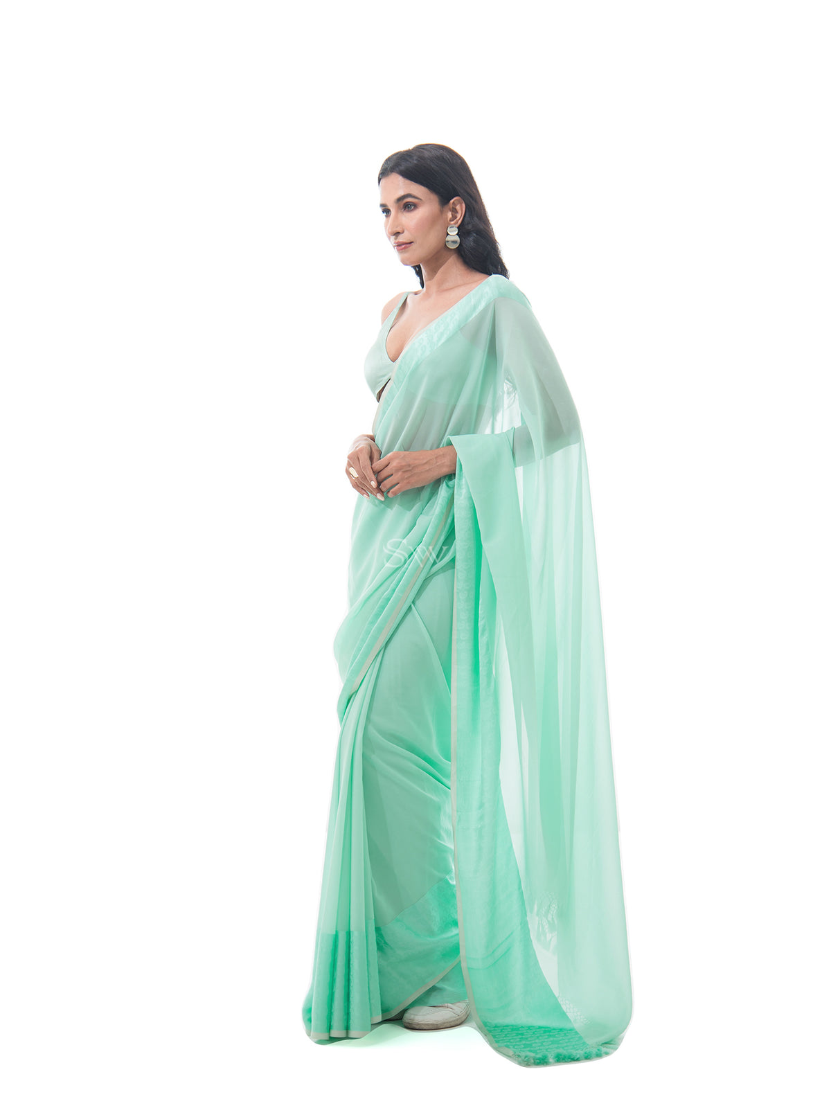 Sea Green Plain Satin Georgette Handloom Saree - Sacred Weaves