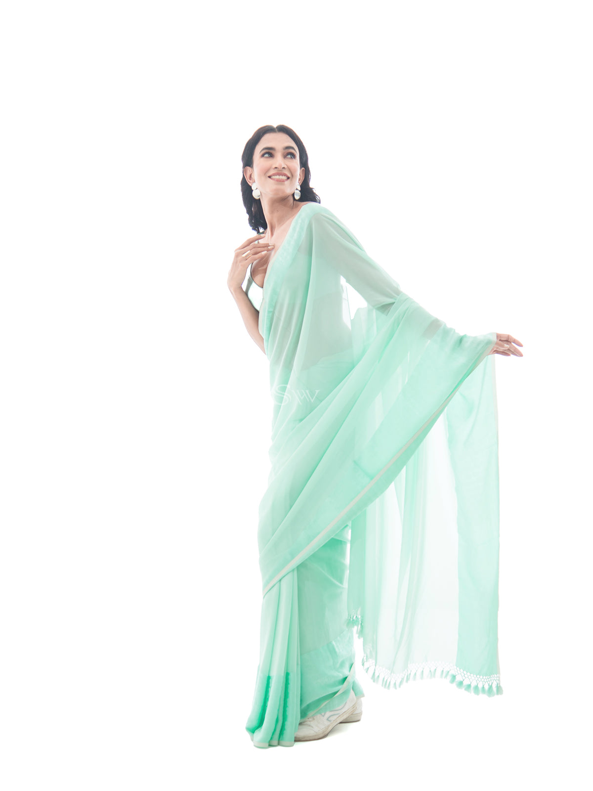 Sea Green Plain Satin Georgette Handloom Saree - Sacred Weaves