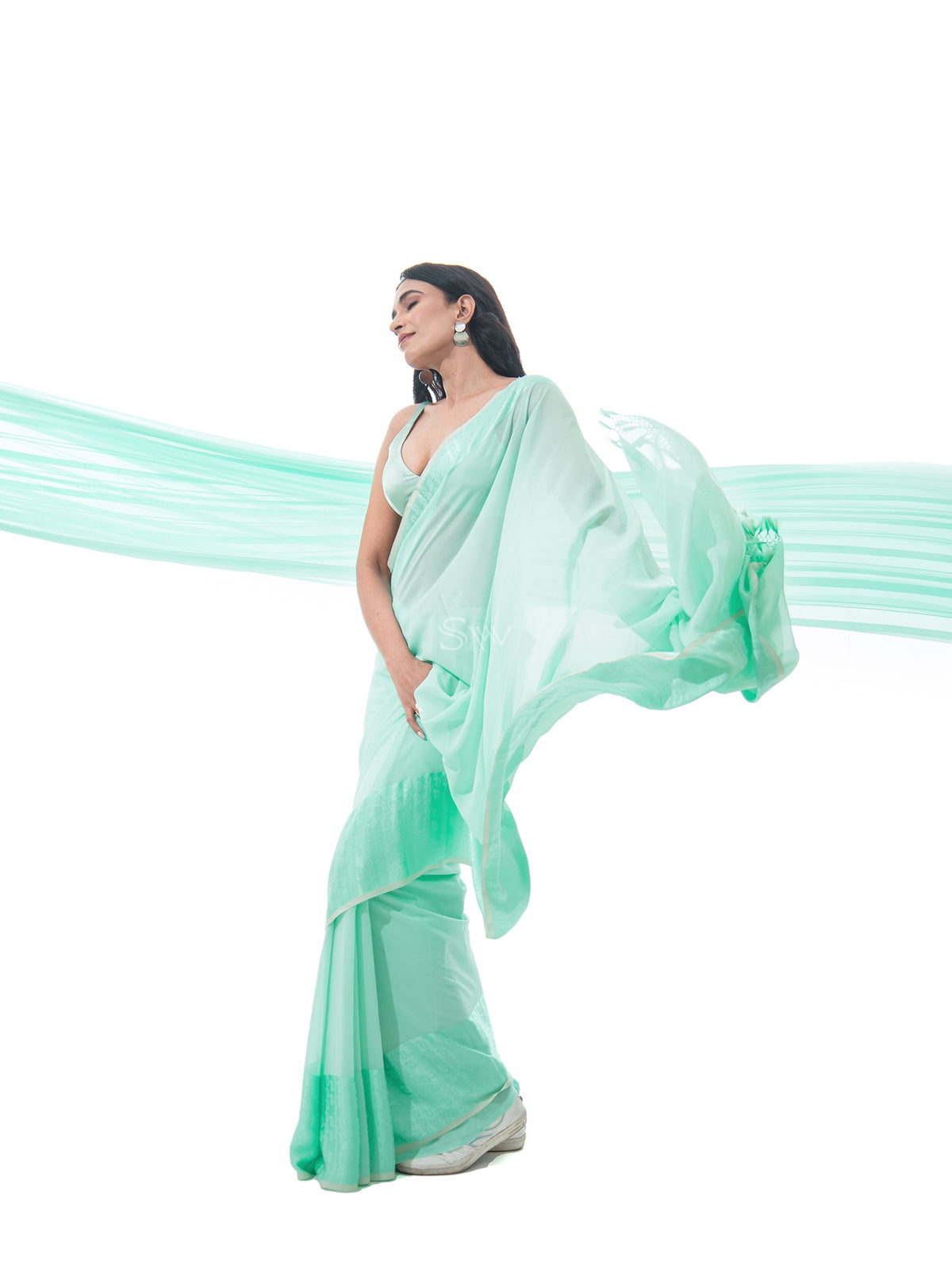 Sea Green Plain Satin Georgette Handloom Saree - Sacred Weaves