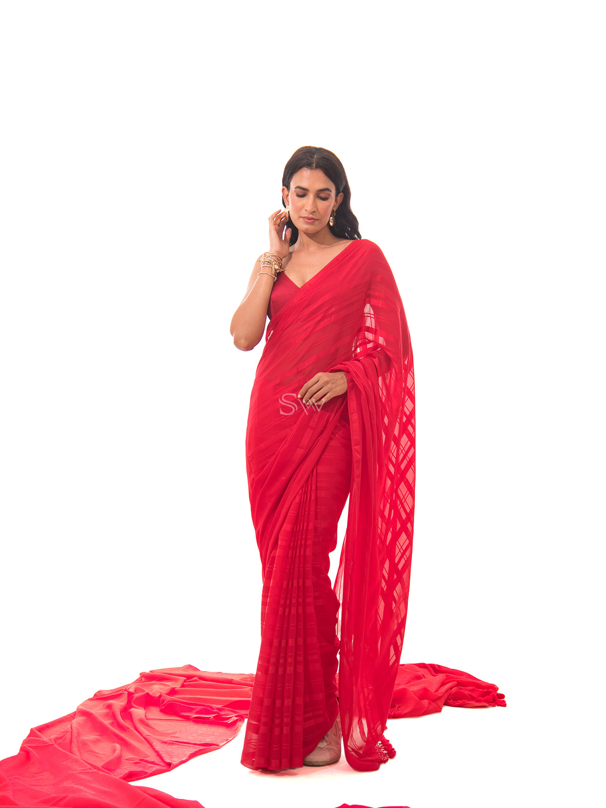 Red Stripe Satin Georgette Handloom Saree - Sacred Weaves