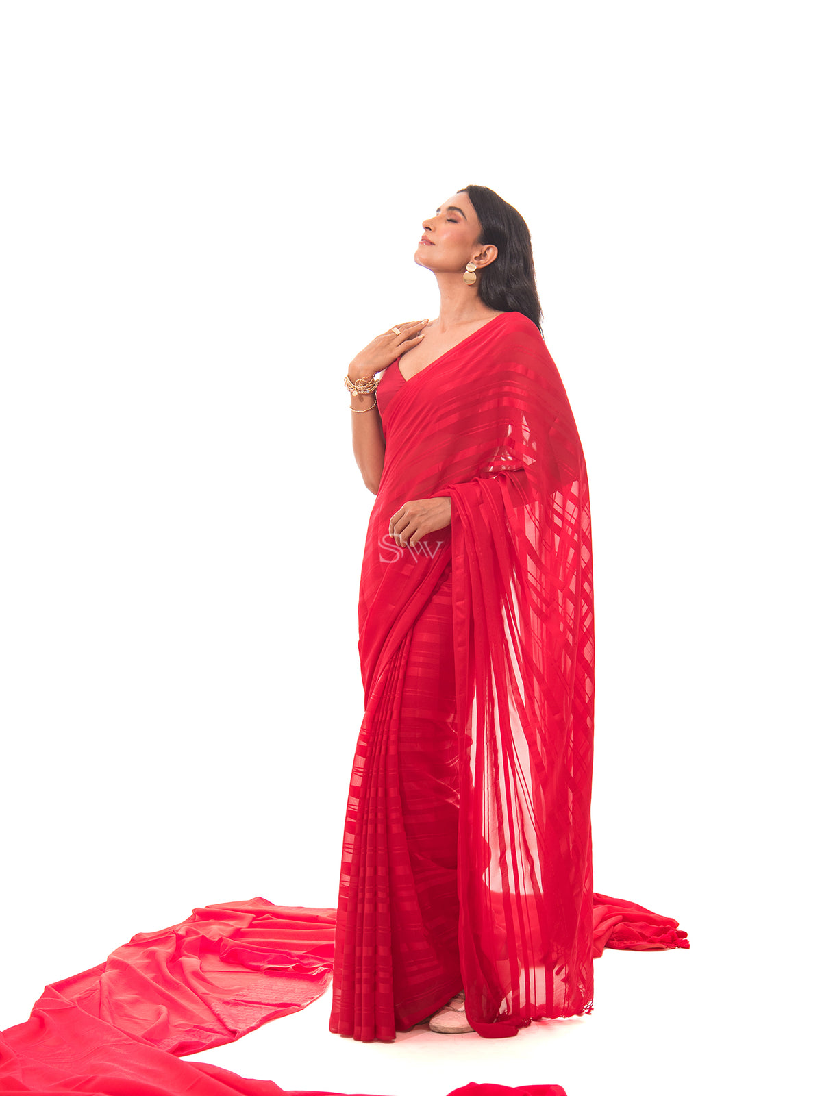 Red Stripe Satin Georgette Handloom Saree - Sacred Weaves