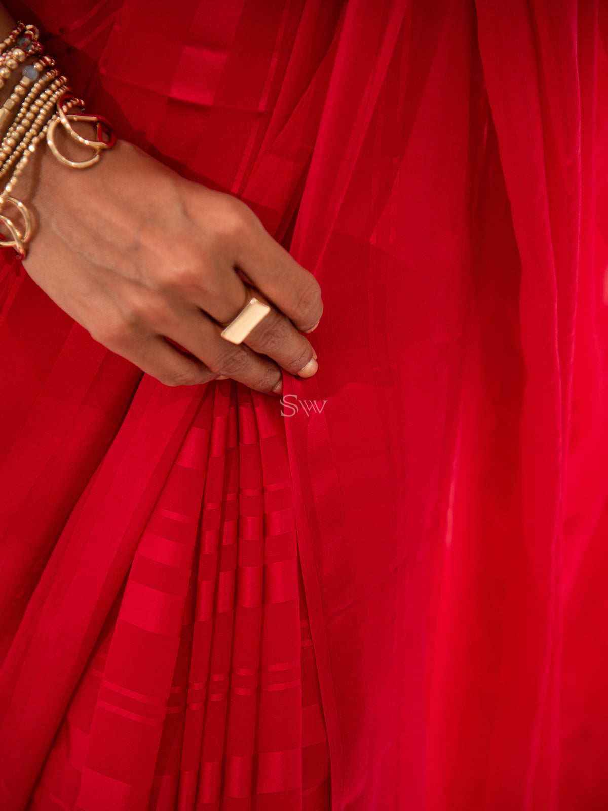 Red Stripe Satin Georgette Handloom Saree - Sacred Weaves