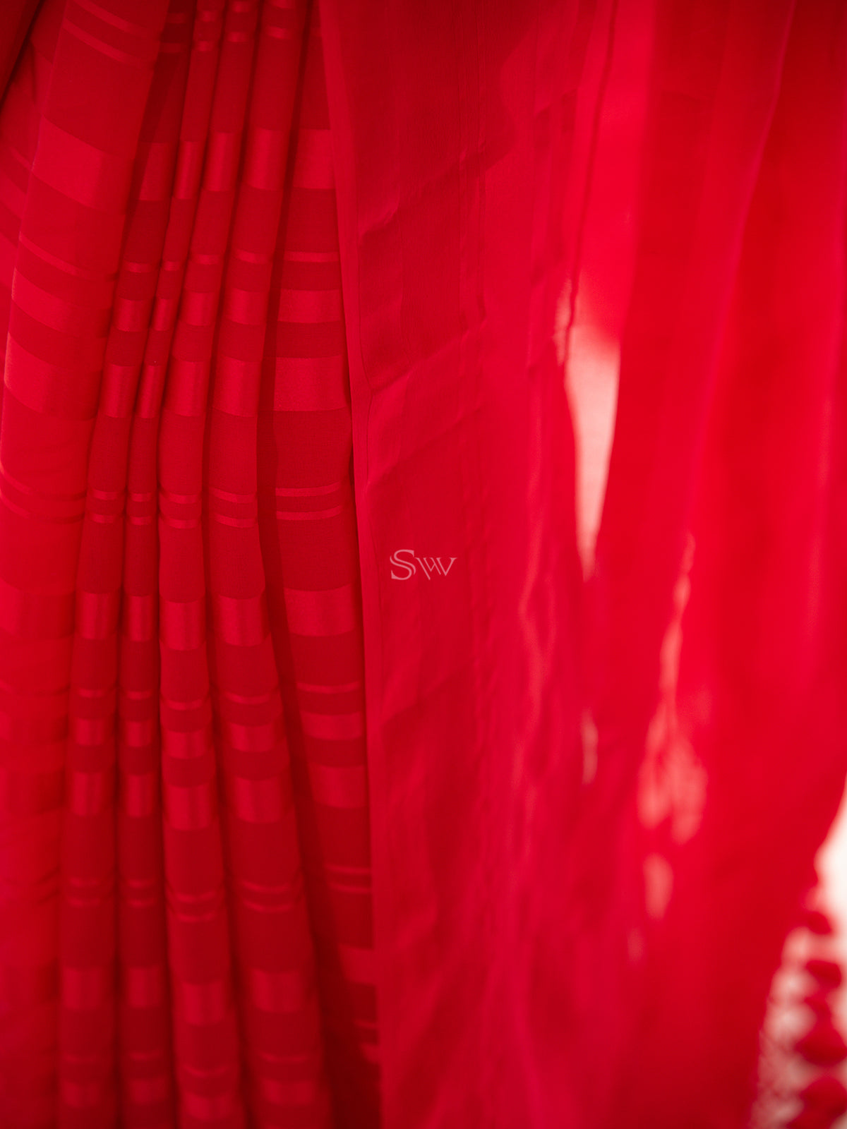 Red Stripe Satin Georgette Handloom Saree - Sacred Weaves