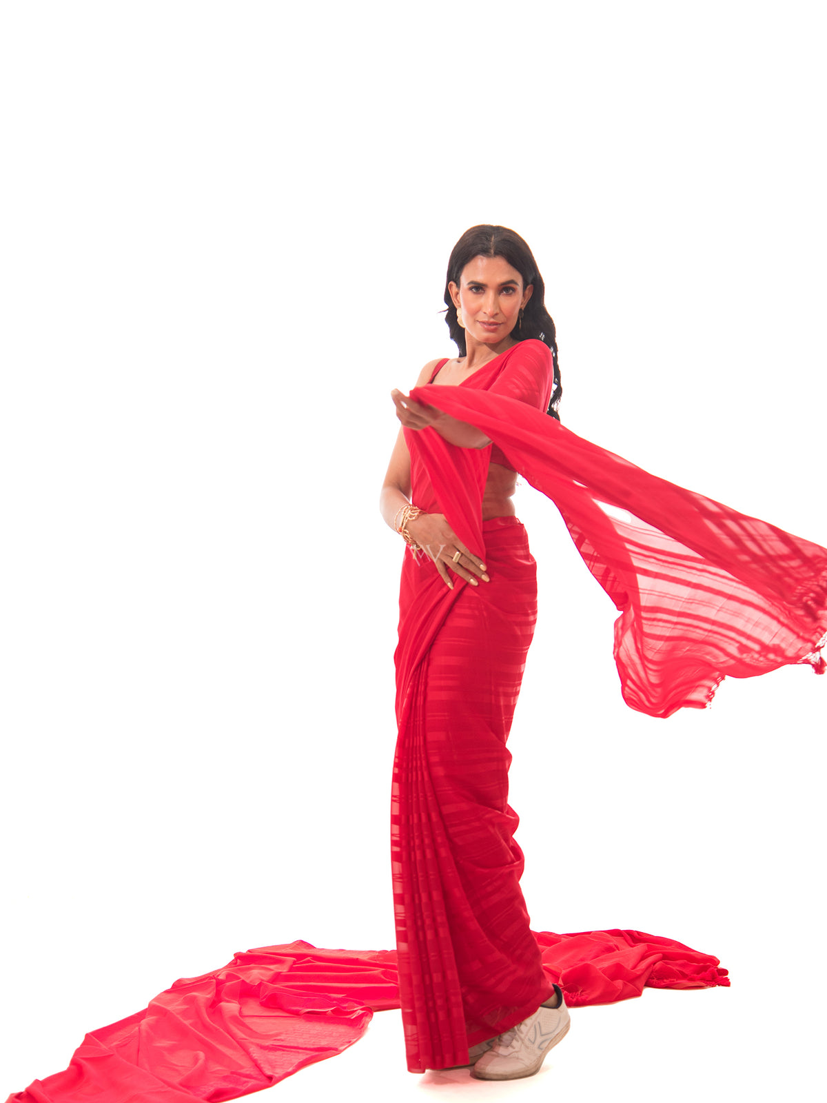 Red Stripe Satin Georgette Handloom Saree - Sacred Weaves