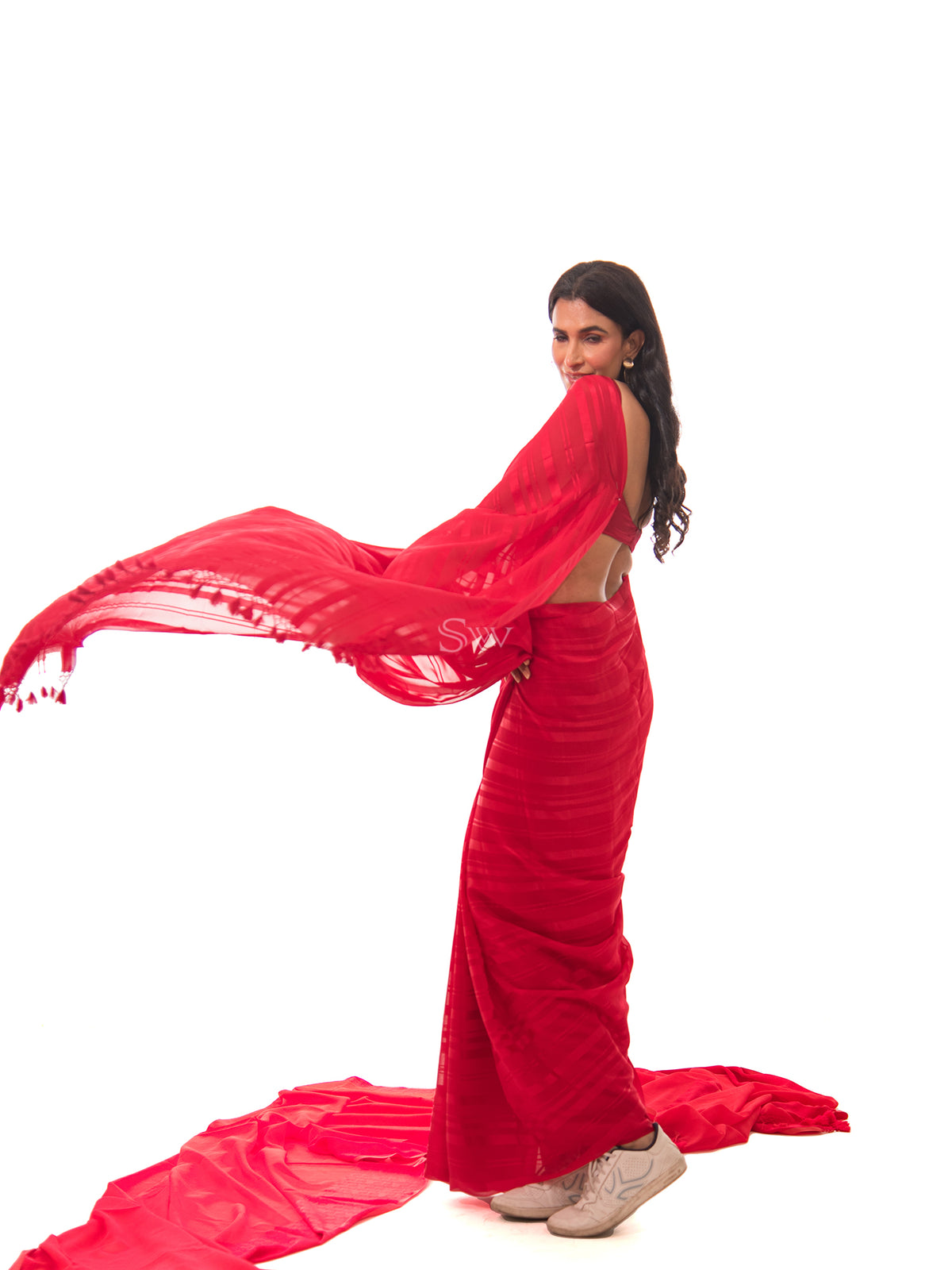 Red Stripe Satin Georgette Handloom Saree - Sacred Weaves