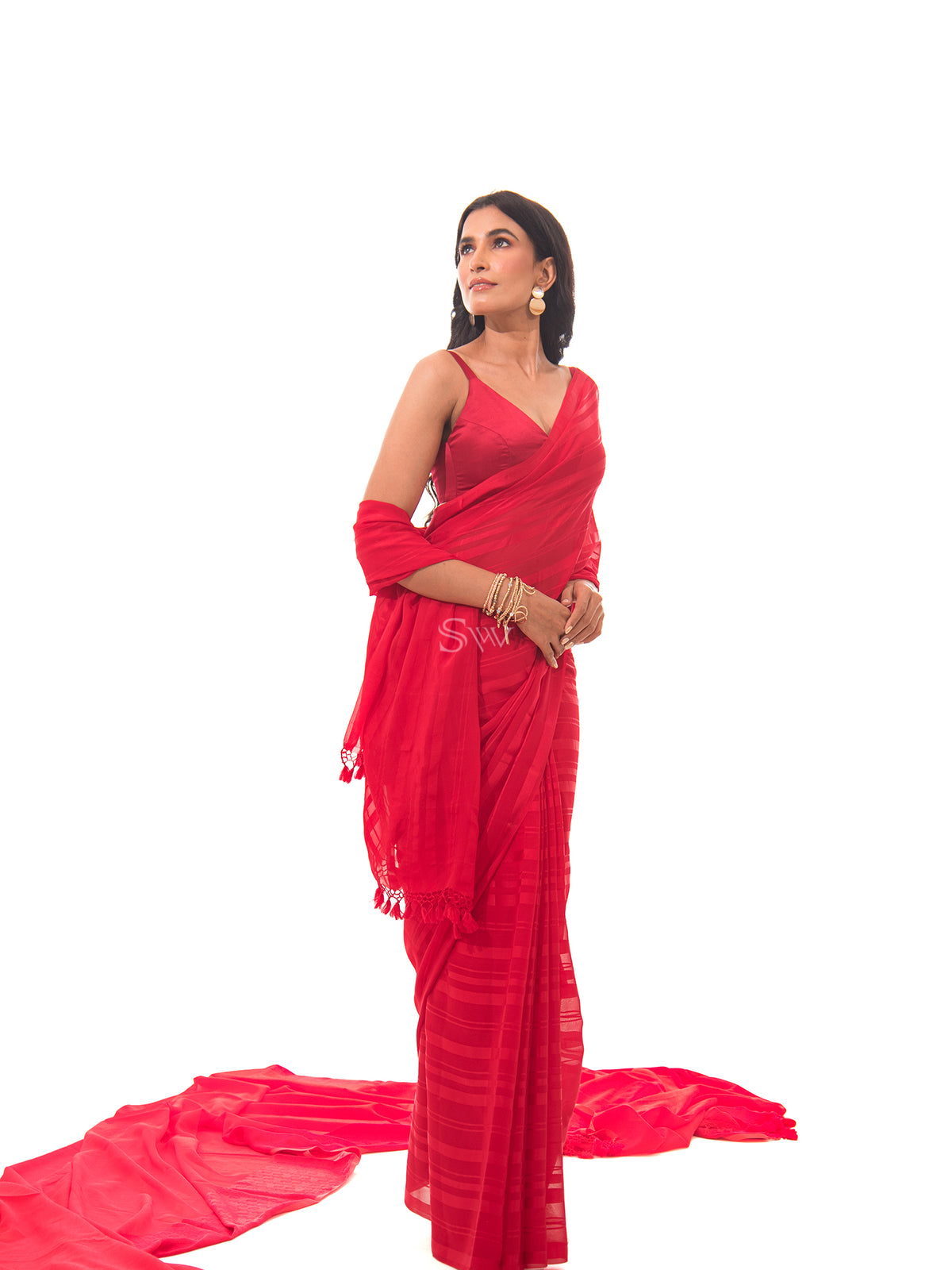 Red Stripe Satin Georgette Handloom Saree - Sacred Weaves