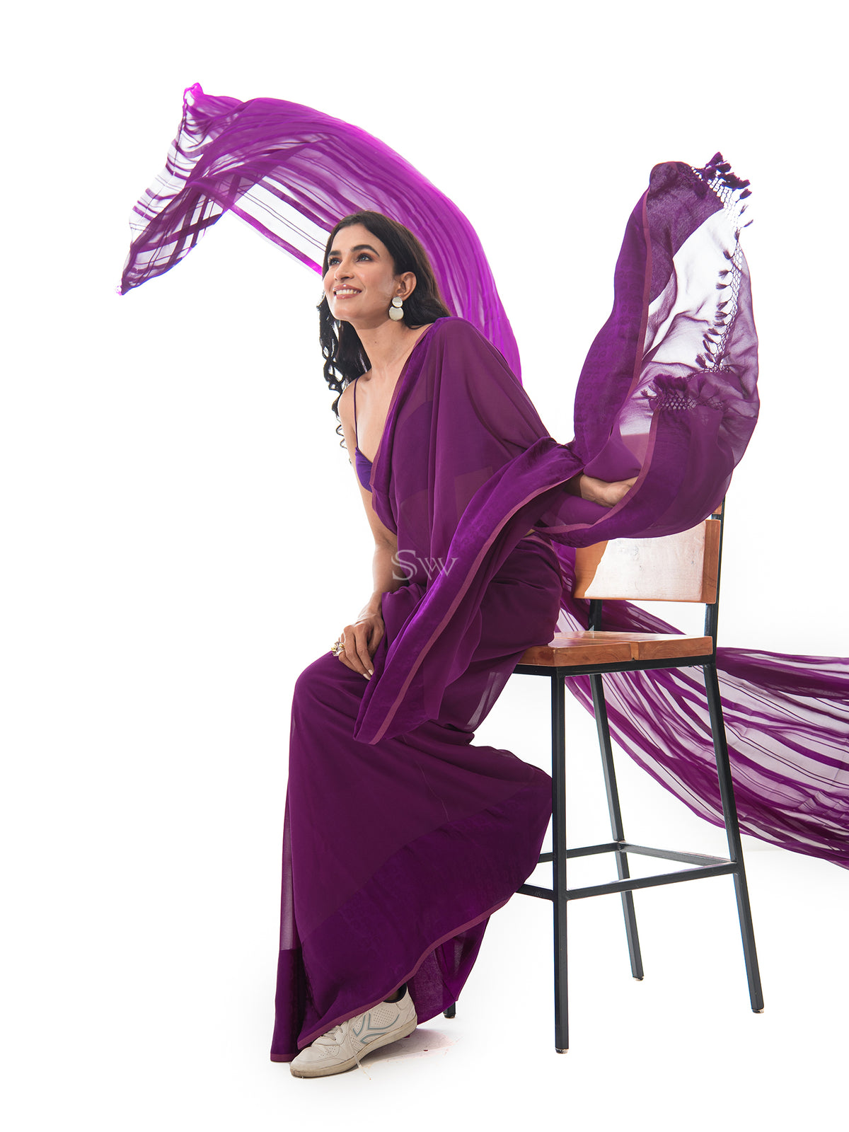 Dark Purple Plain Satin Georgette Handloom Saree - Sacred Weaves