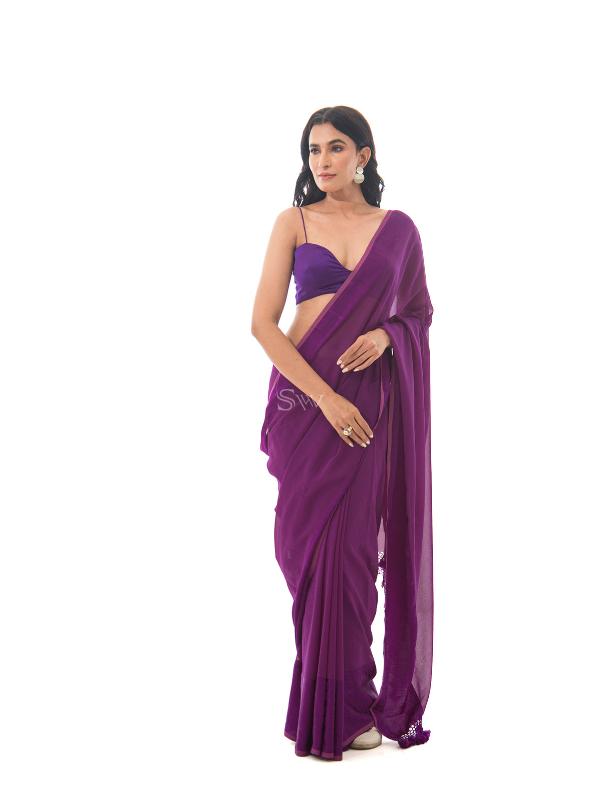 Dark Purple Plain Satin Georgette Handloom Saree - Sacred Weaves