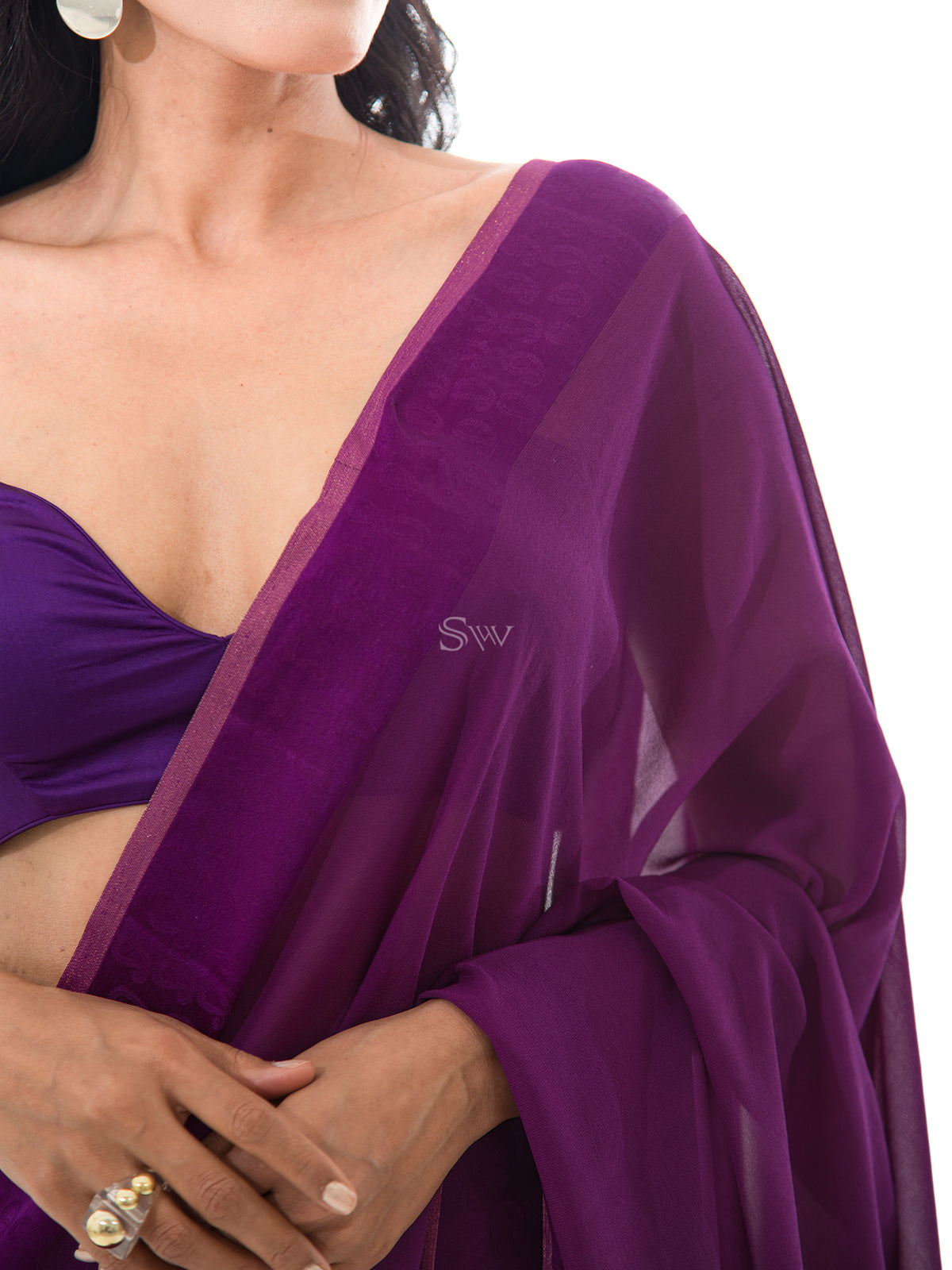 Dark Purple Plain Satin Georgette Handloom Saree - Sacred Weaves