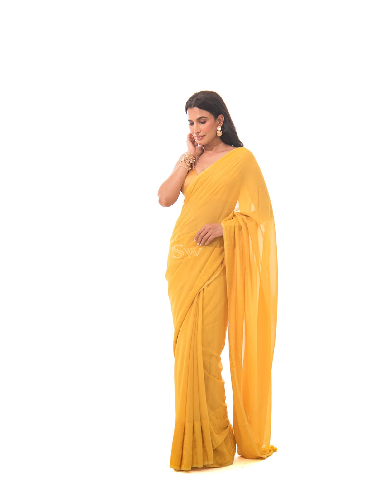 Mustard Plain Satin Georgette Handloom Saree - Sacred Weaves