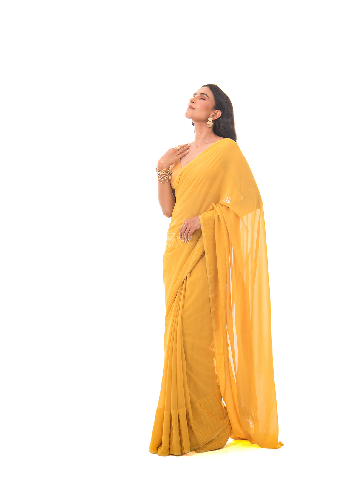 Mustard Plain Satin Georgette Handloom Saree - Sacred Weaves