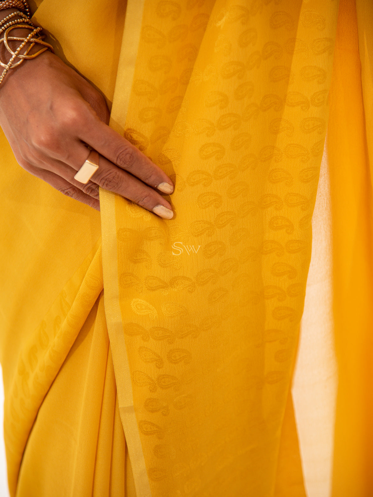 Mustard Plain Satin Georgette Handloom Saree - Sacred Weaves