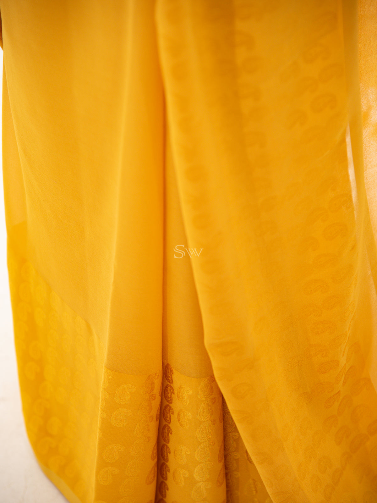 Mustard Plain Satin Georgette Handloom Saree - Sacred Weaves