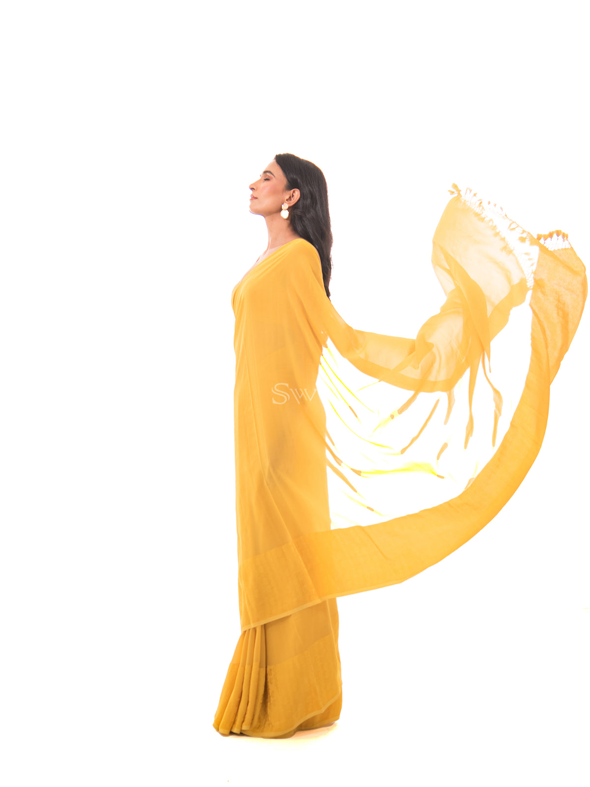 Mustard Plain Satin Georgette Handloom Saree - Sacred Weaves