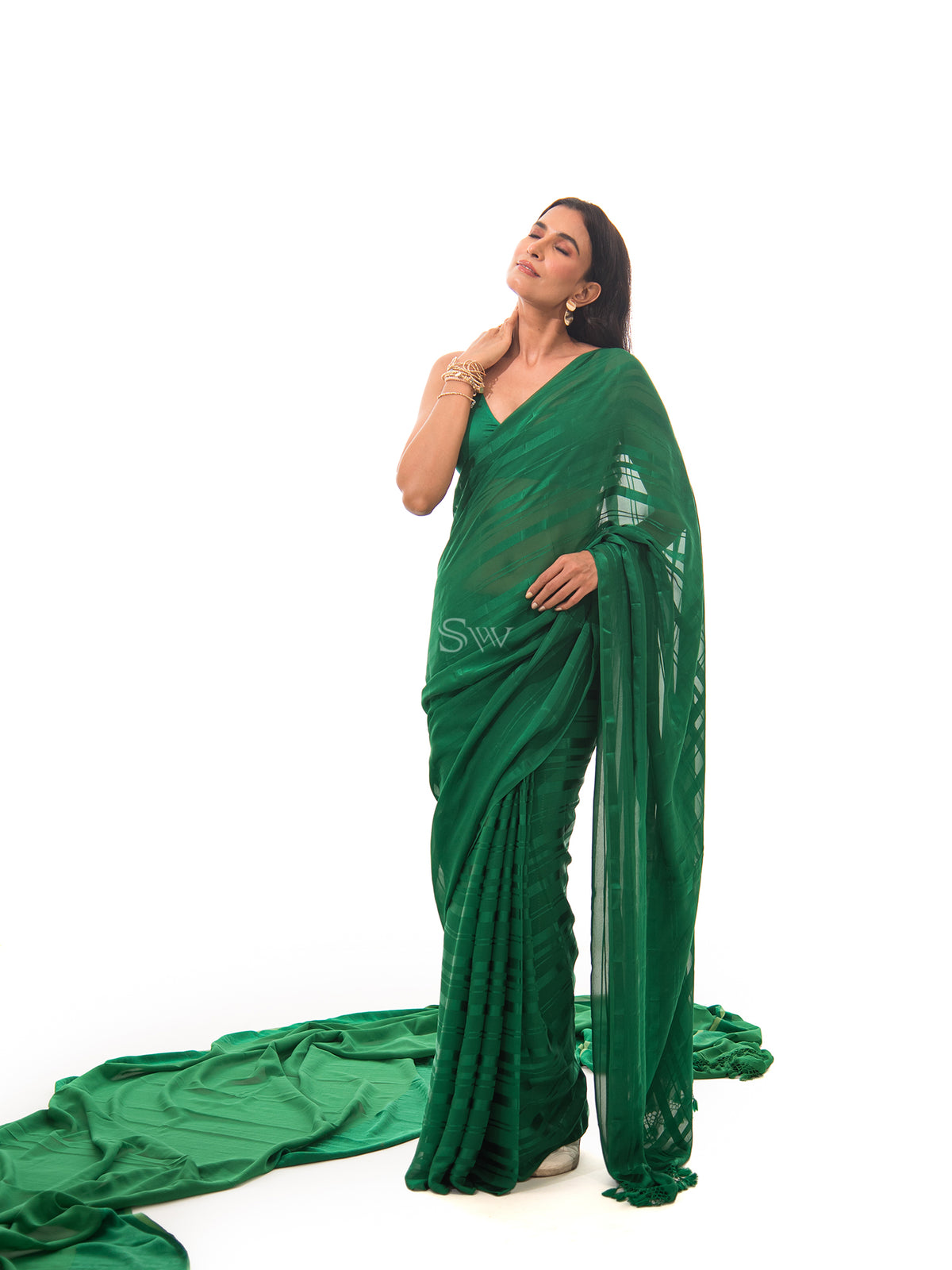 Bottle Green Stripe Satin Georgette Handloom Saree - Sacred Weaves