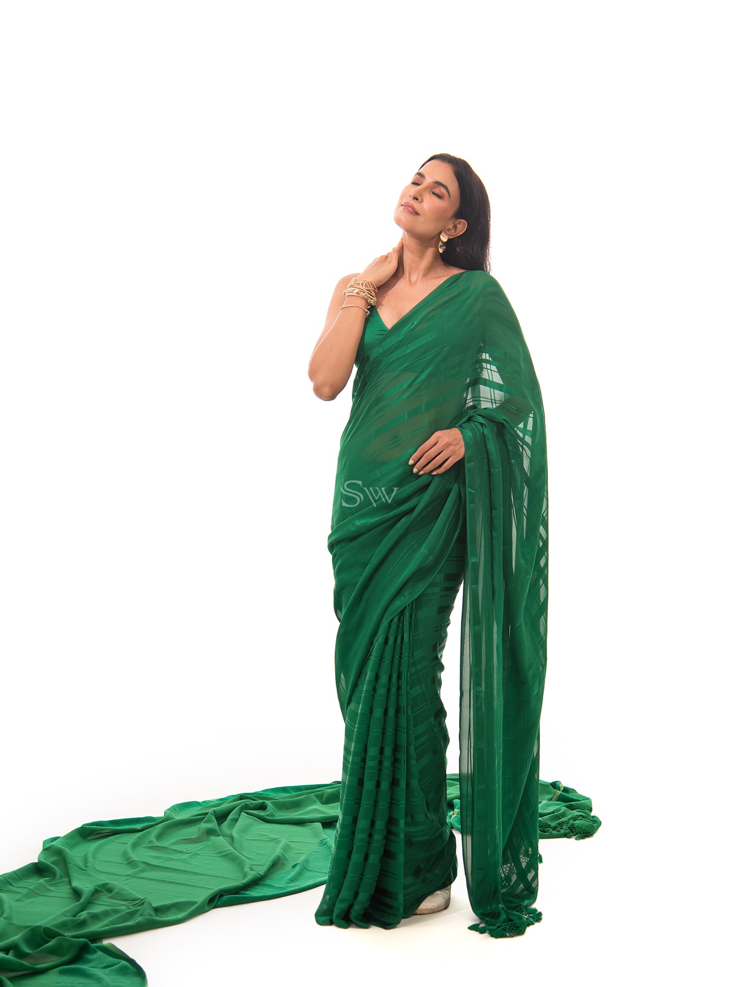 Bottle Green Stripe Satin Georgette Handloom Saree - Sacred Weaves