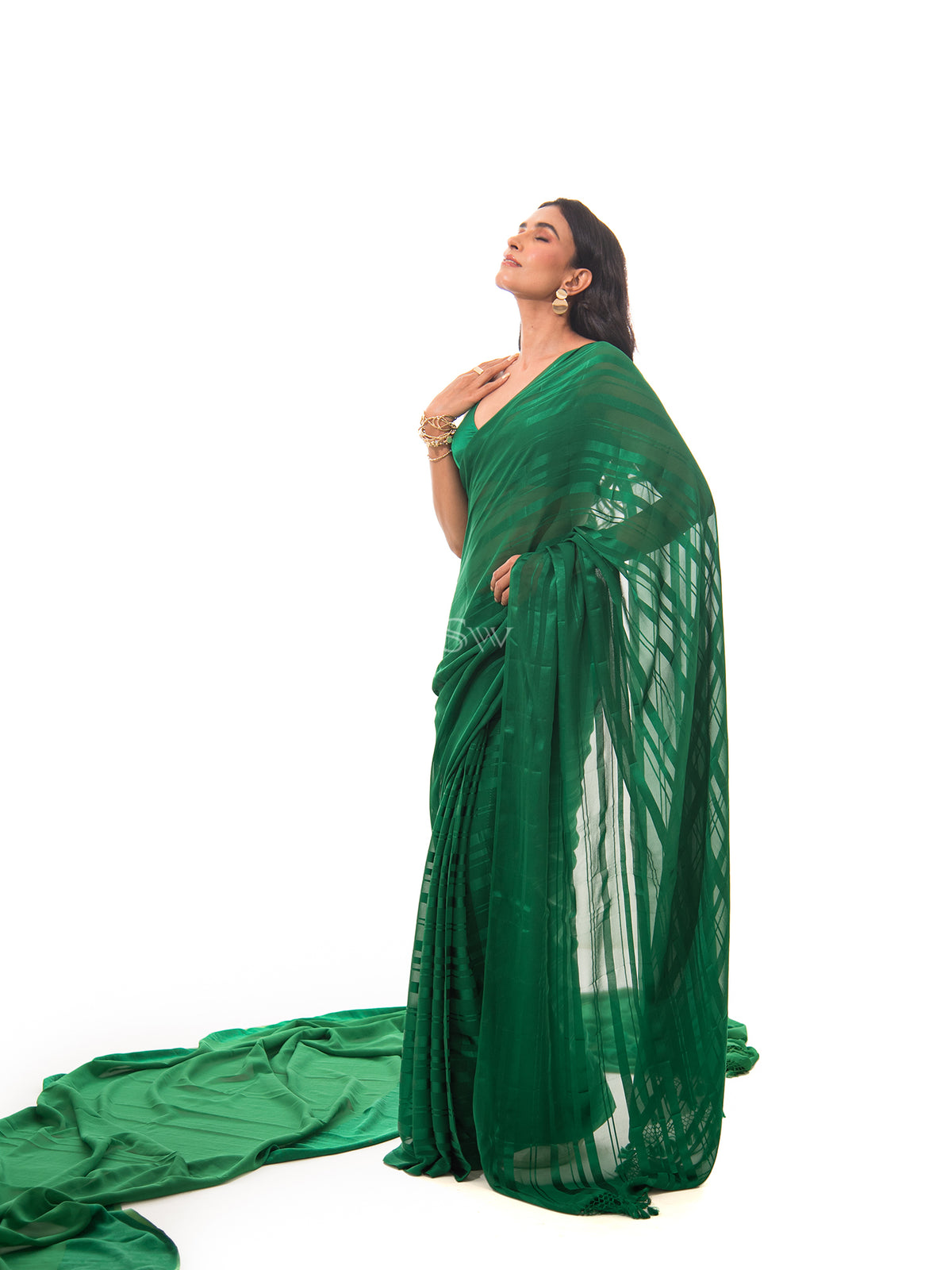 Bottle Green Stripe Satin Georgette Handloom Saree - Sacred Weaves