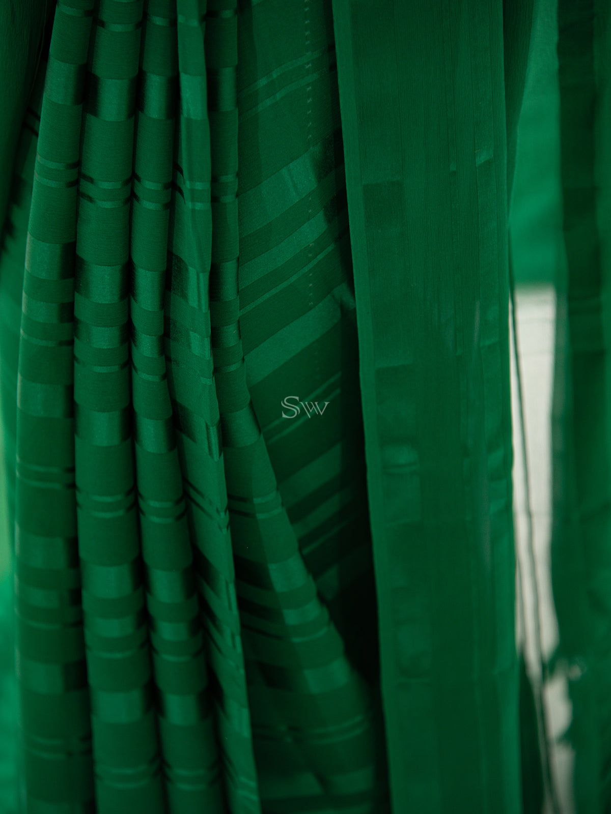 Bottle Green Stripe Satin Georgette Handloom Saree - Sacred Weaves