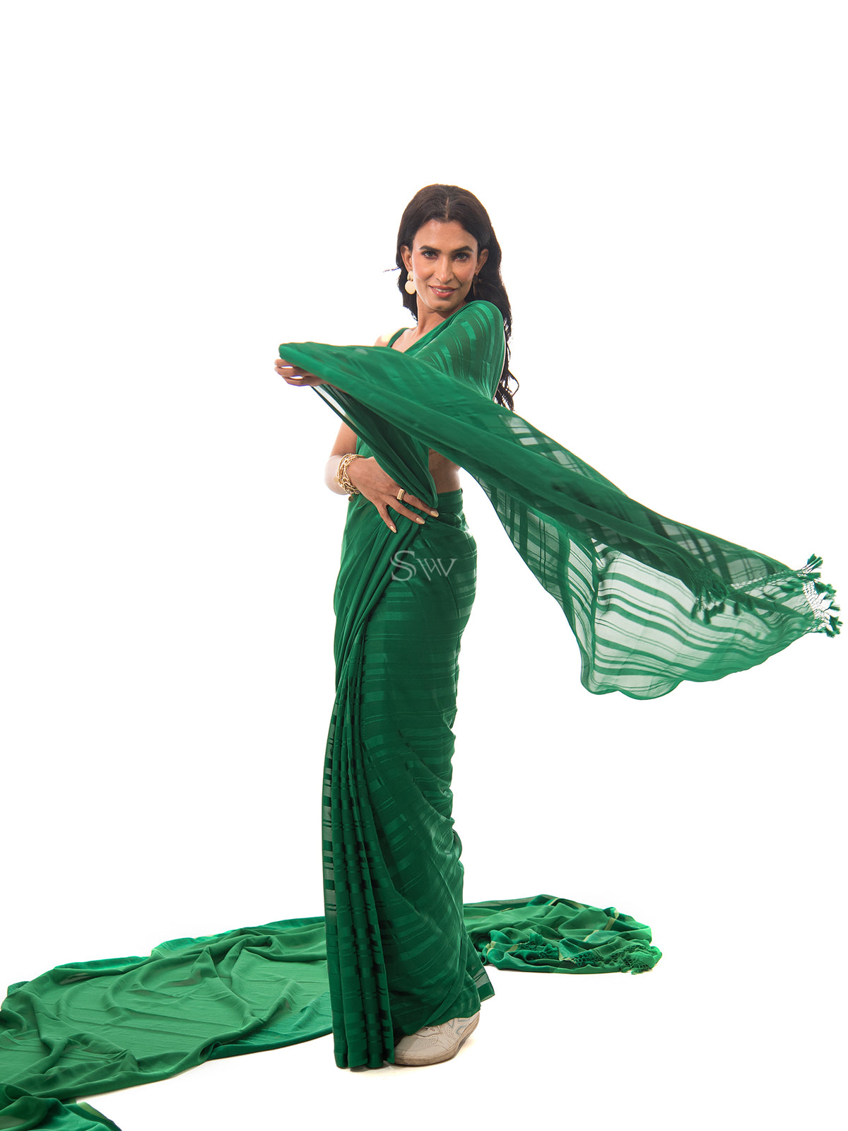 Bottle Green Stripe Satin Georgette Handloom Saree - Sacred Weaves