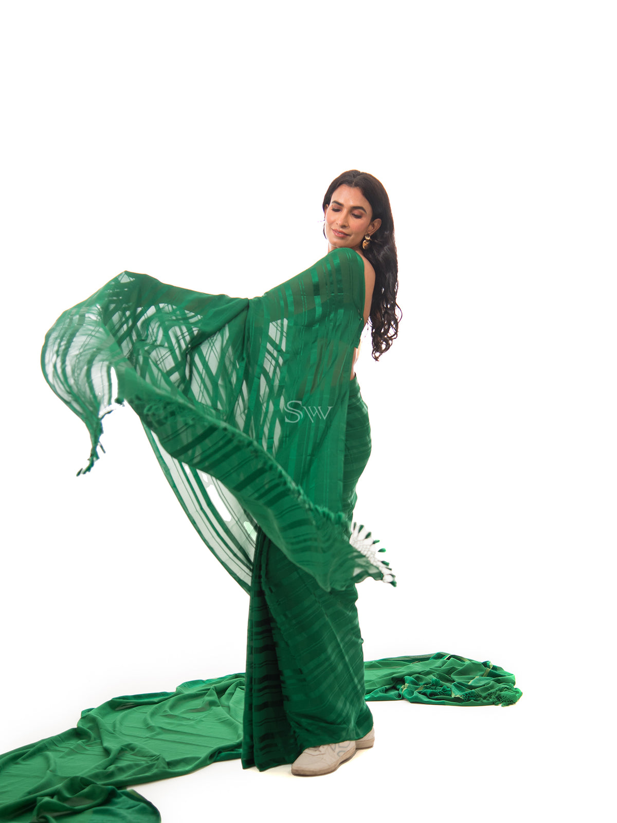 Bottle Green Stripe Satin Georgette Handloom Saree - Sacred Weaves